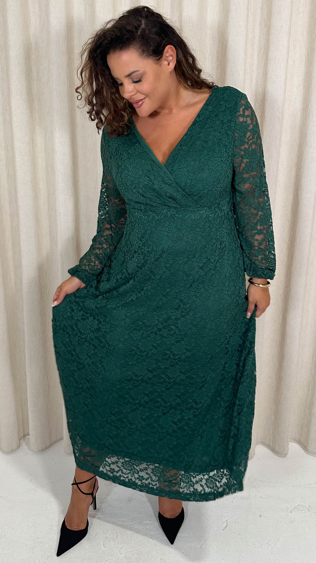 CurveWow Lace Plunge Maxi Dress Forest Green