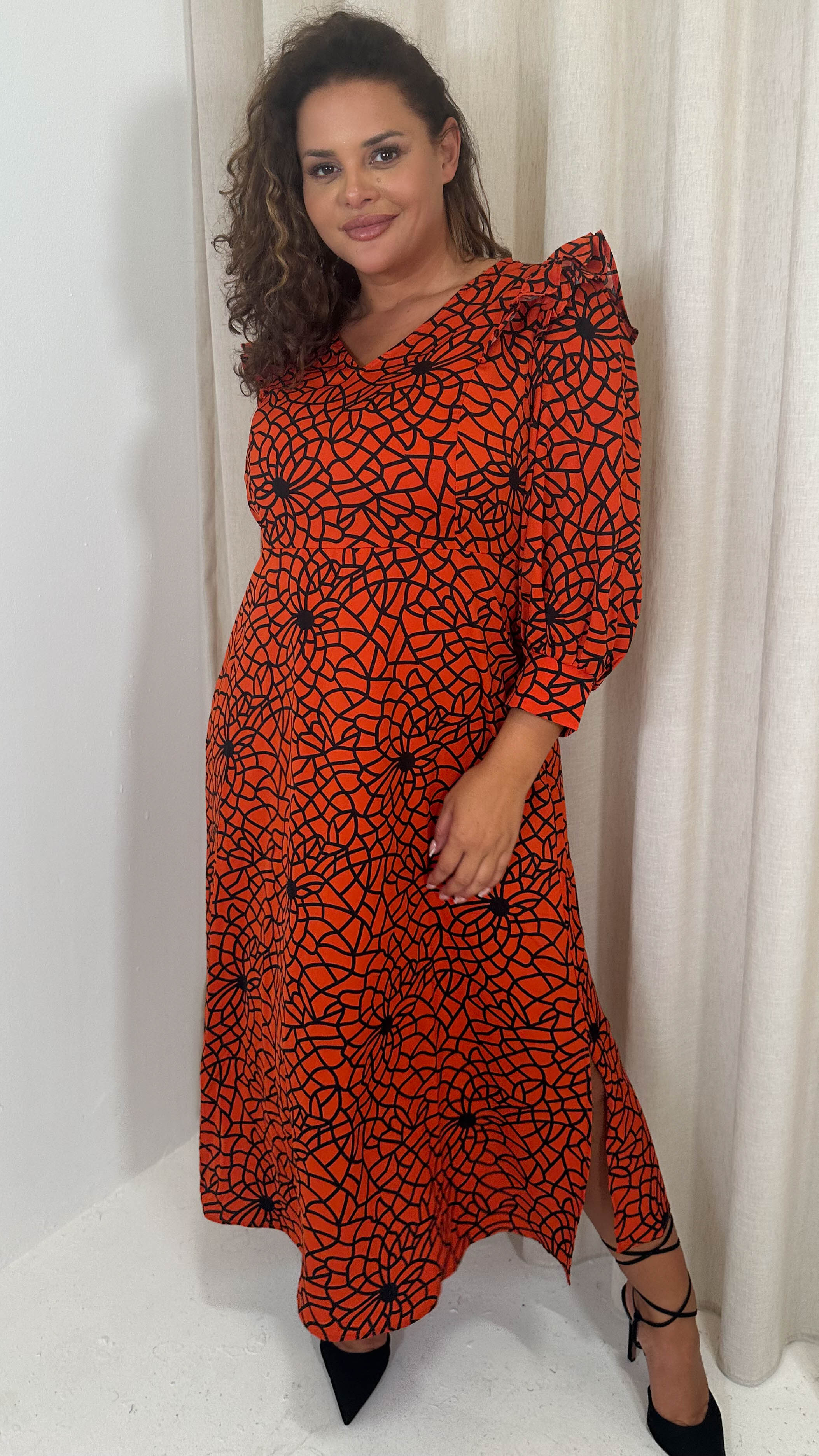 CurveWow Ruffle Shoulder V Neck Midi Dress Rust Grid