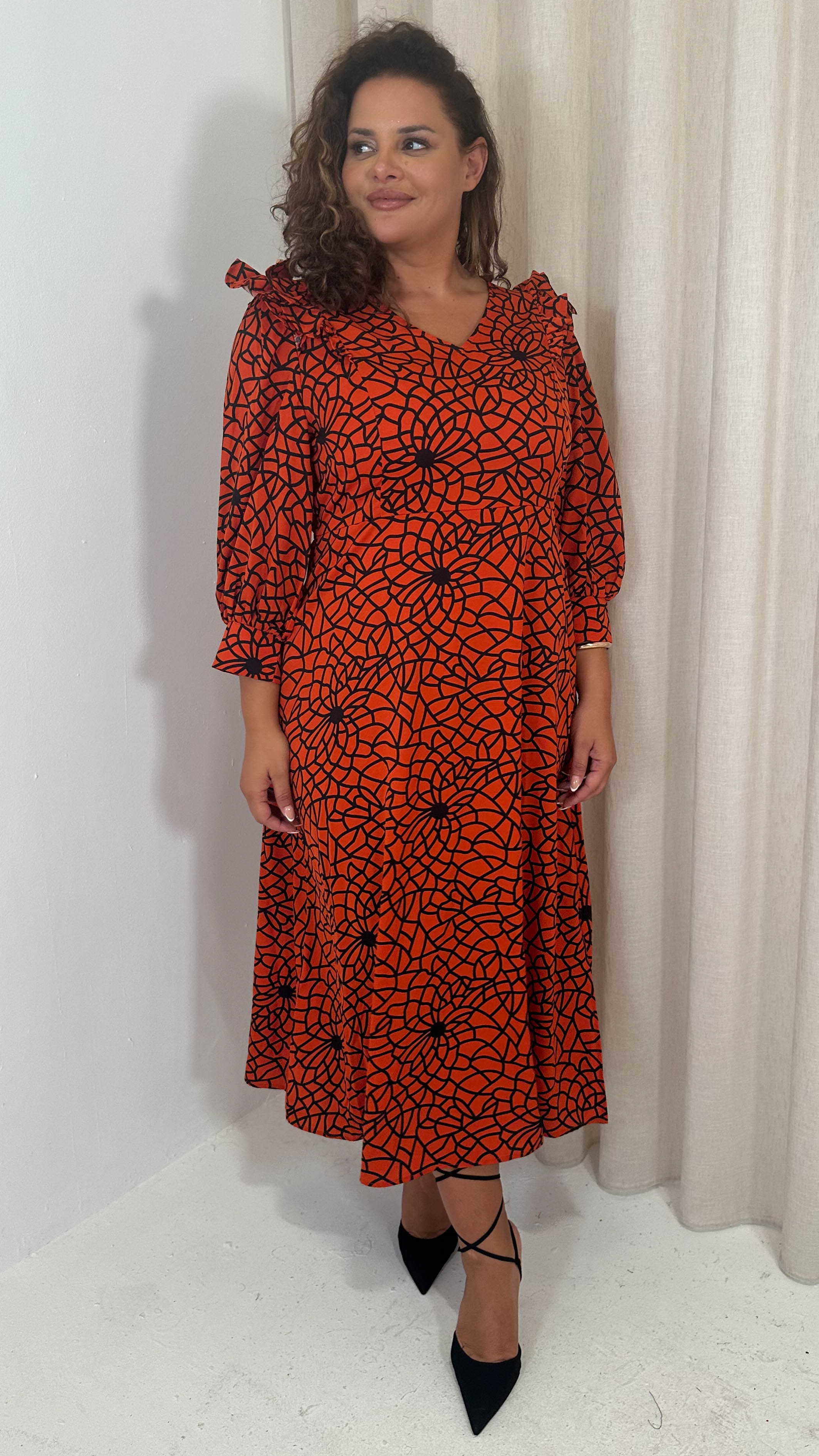 CurveWow Ruffle Shoulder V Neck Midi Dress Rust Grid