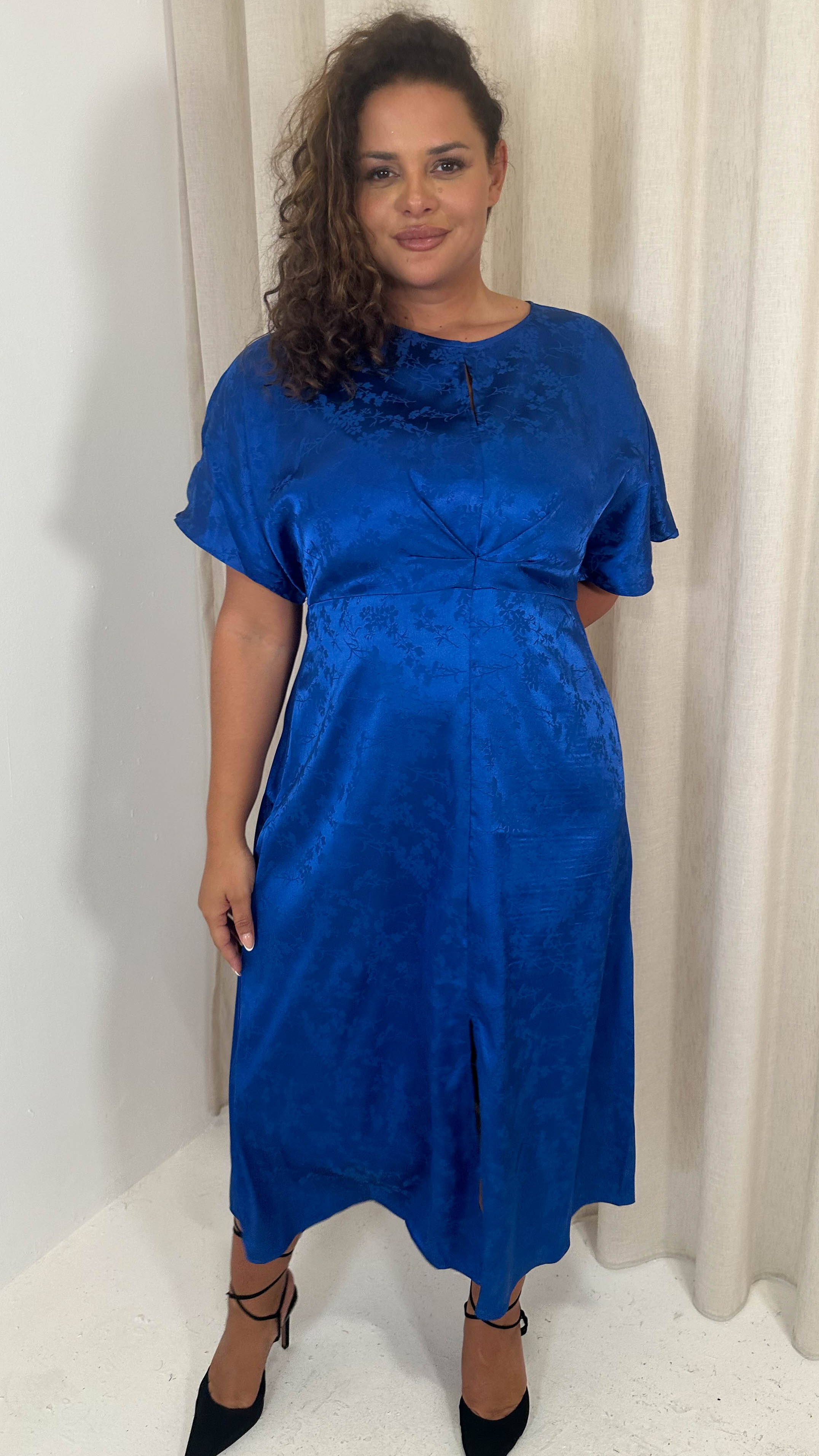 CurveWow Keyhole Oriental Satin Dress Cobalt Blue