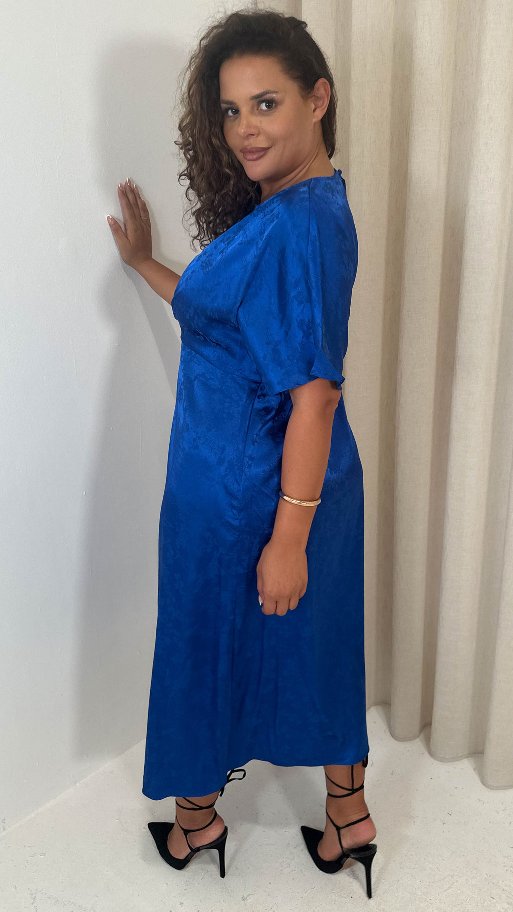CurveWow Keyhole Oriental Satin Dress Cobalt Blue