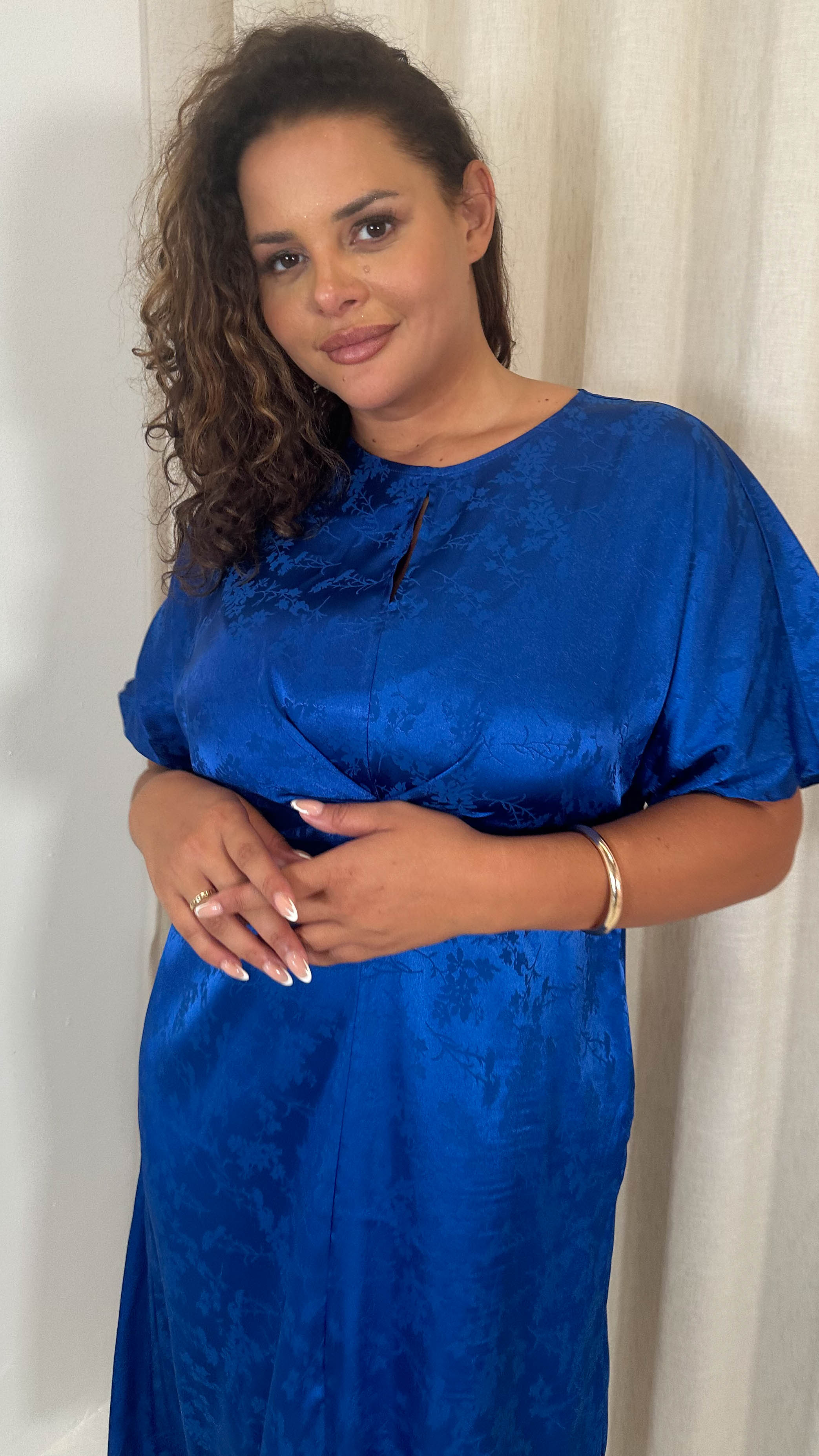 CurveWow Keyhole Oriental Satin Dress Cobalt Blue