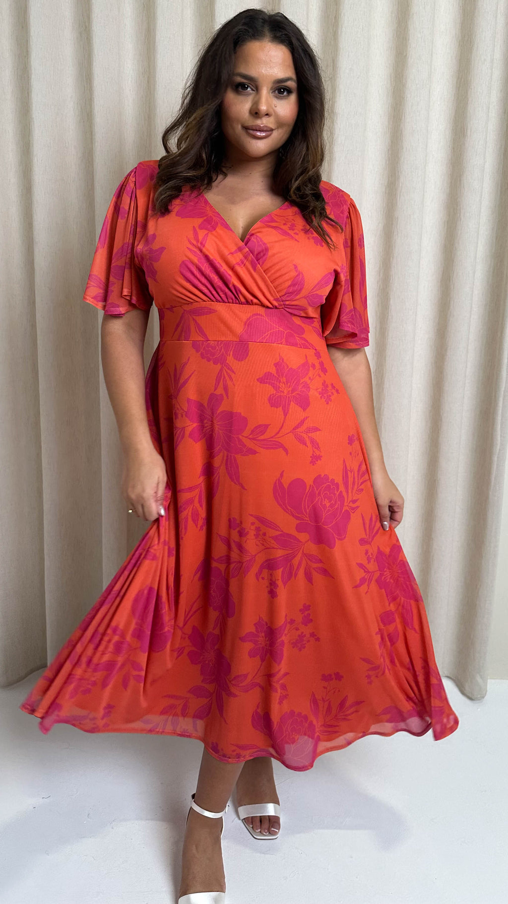 CurveWow Mesh Angel Sleeve Dress Coral Floral