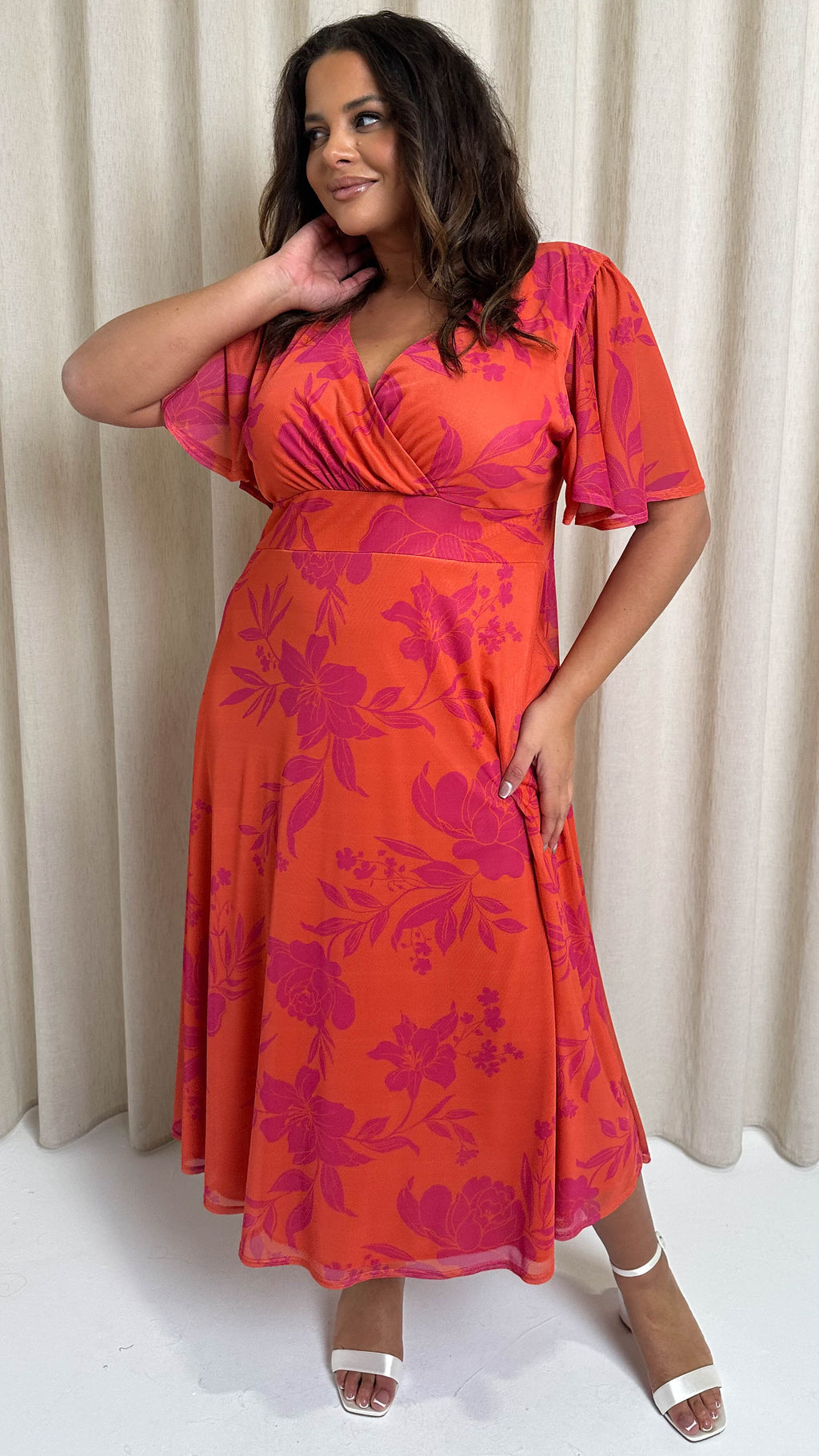 CurveWow Mesh Angel Sleeve Dress Coral Floral