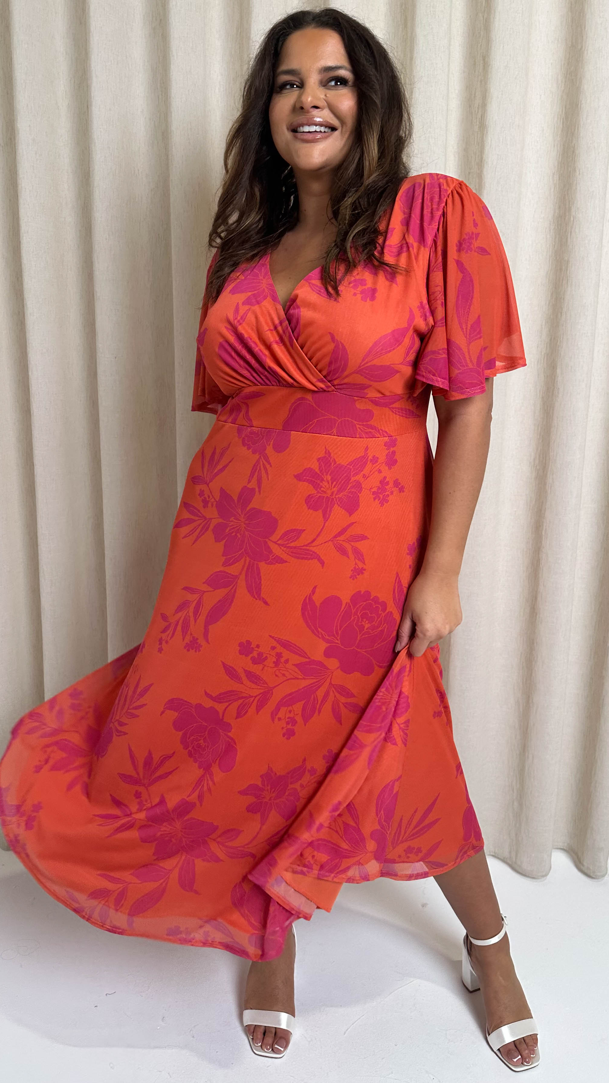 CurveWow Mesh Angel Sleeve Dress Coral Floral