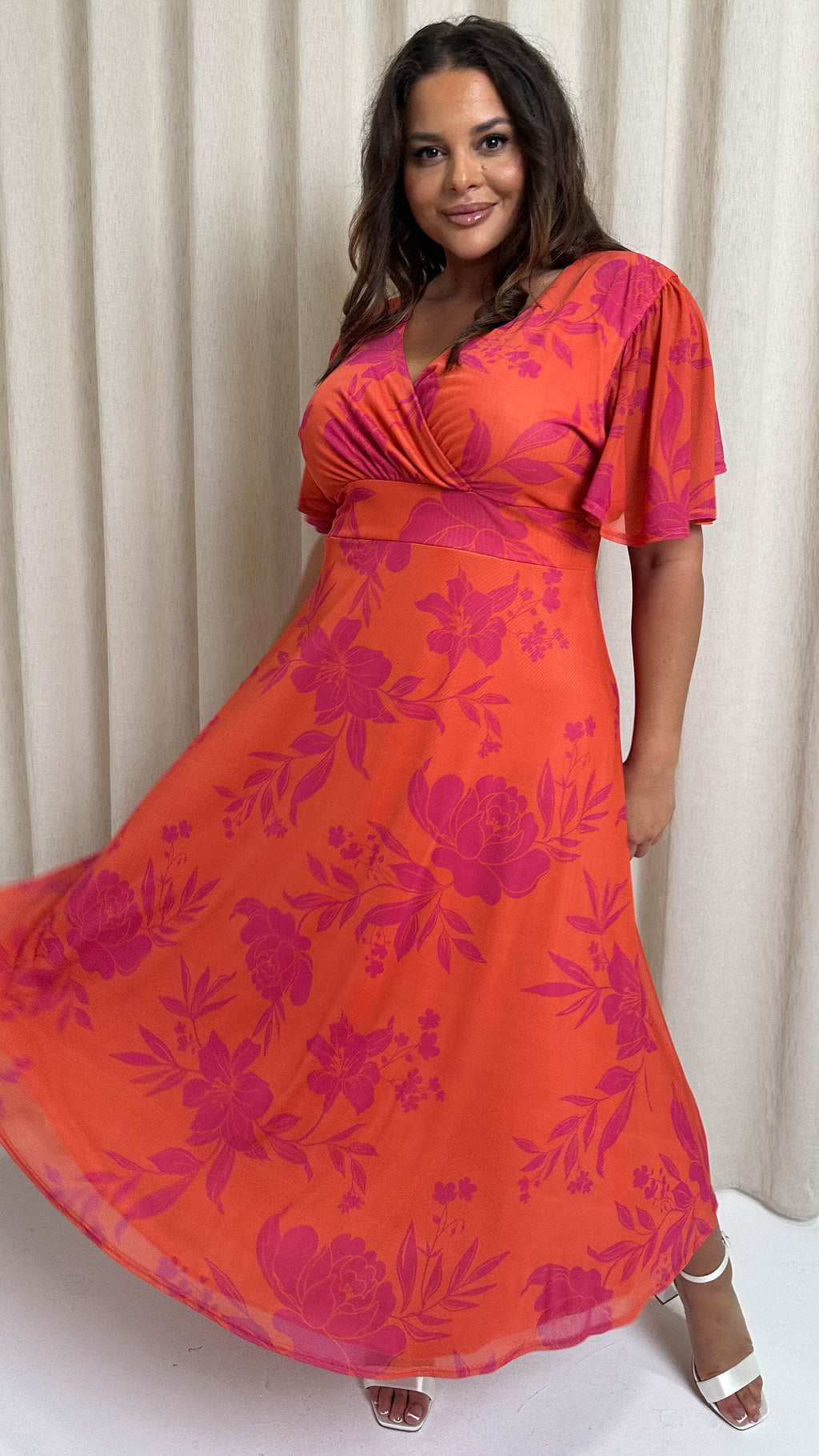 CurveWow Mesh Angel Sleeve Dress Coral Floral