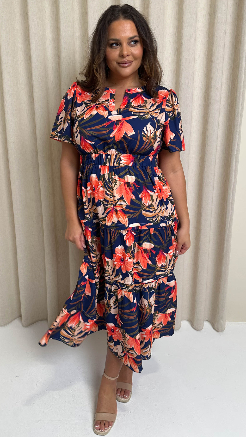 CurveWow Notch Neck Midi Dress Navy Tropical