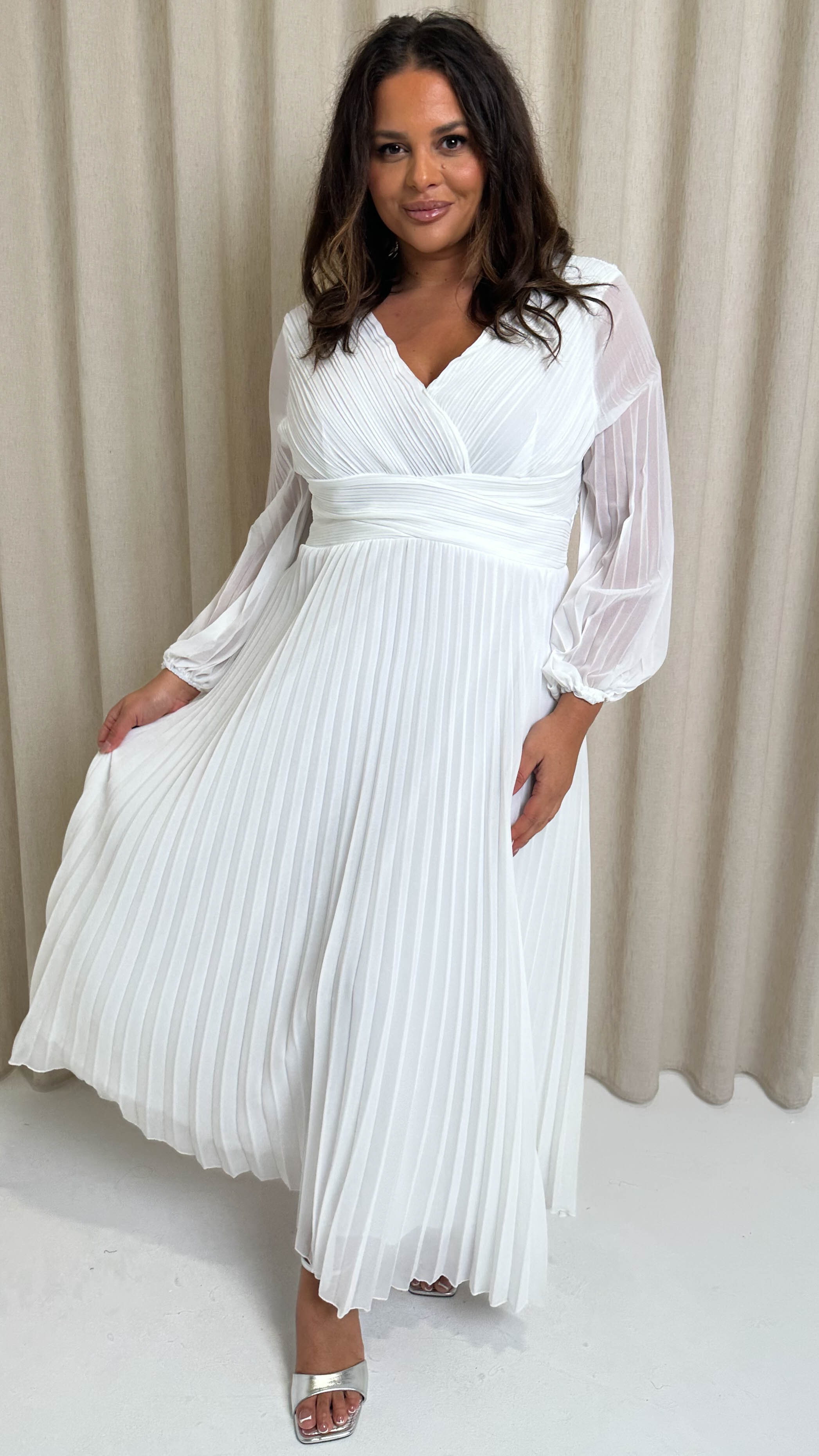 CurveWow Pleated Wrap Maxi Dress White