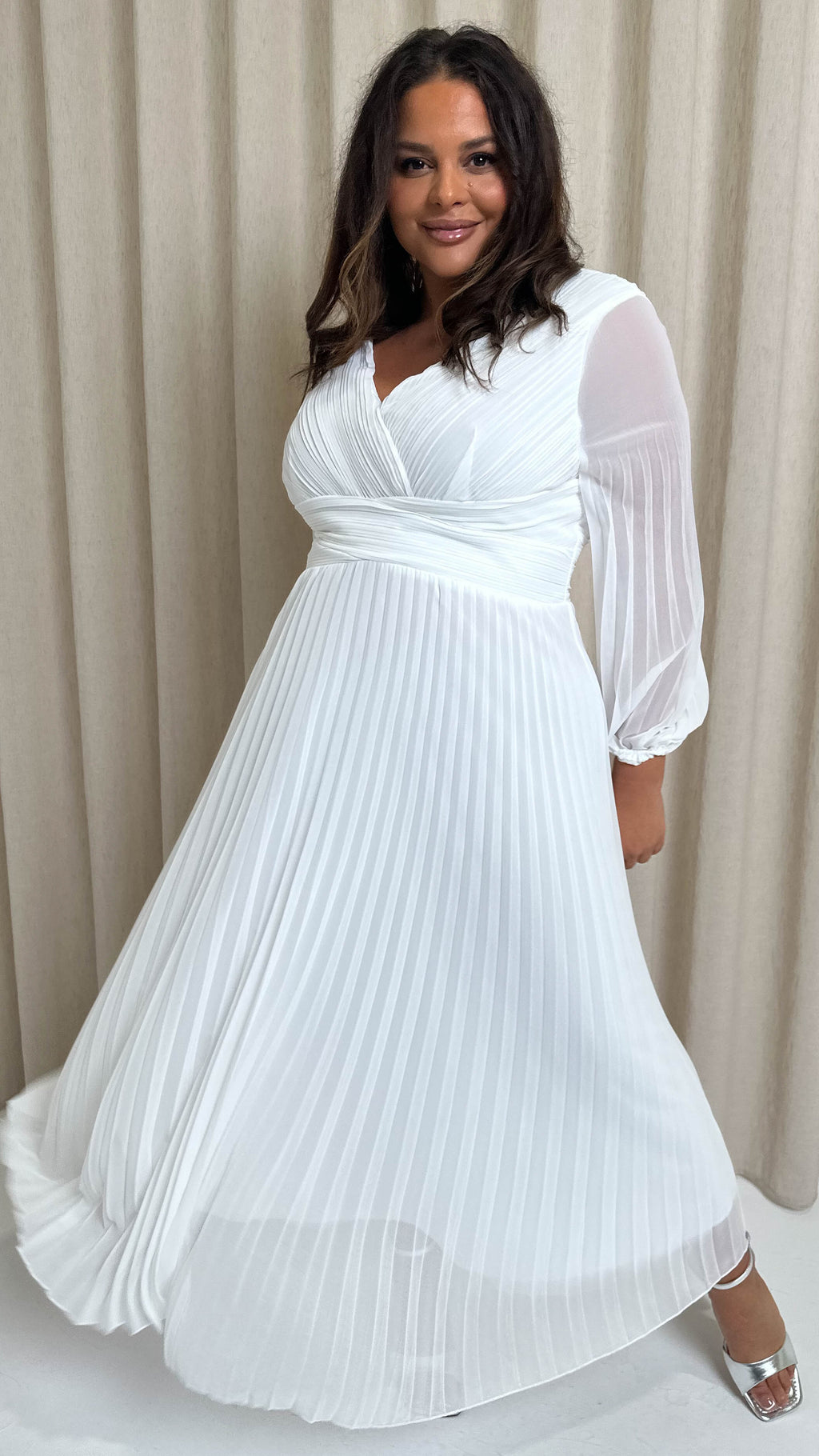 CurveWow Pleated Wrap Maxi Dress White