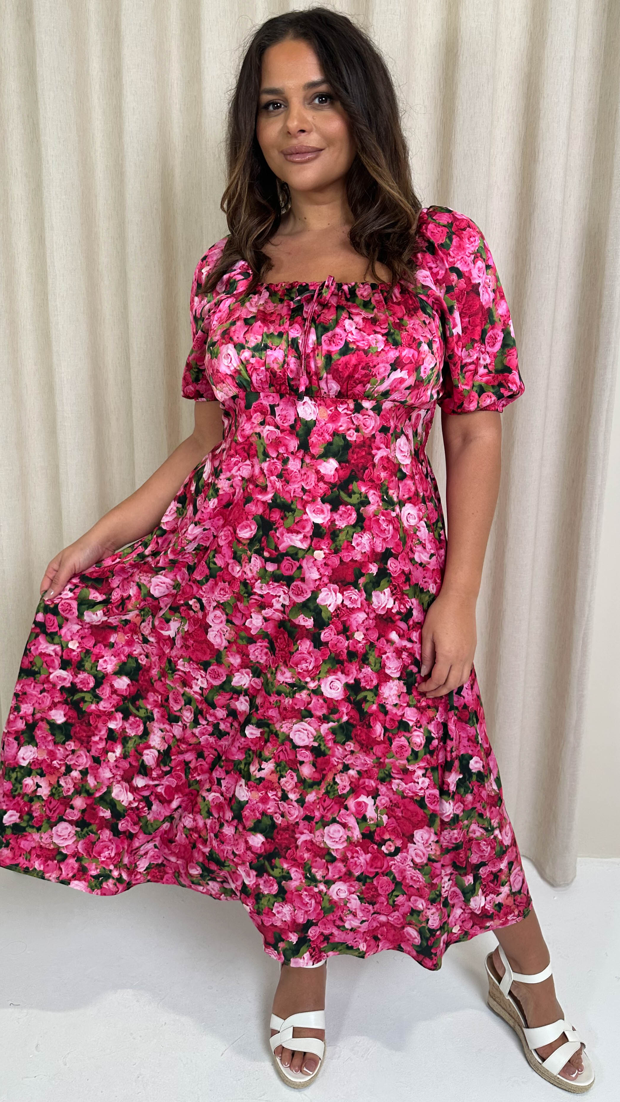 CurveWow Floral Milkmaid Dress Pink Floral
