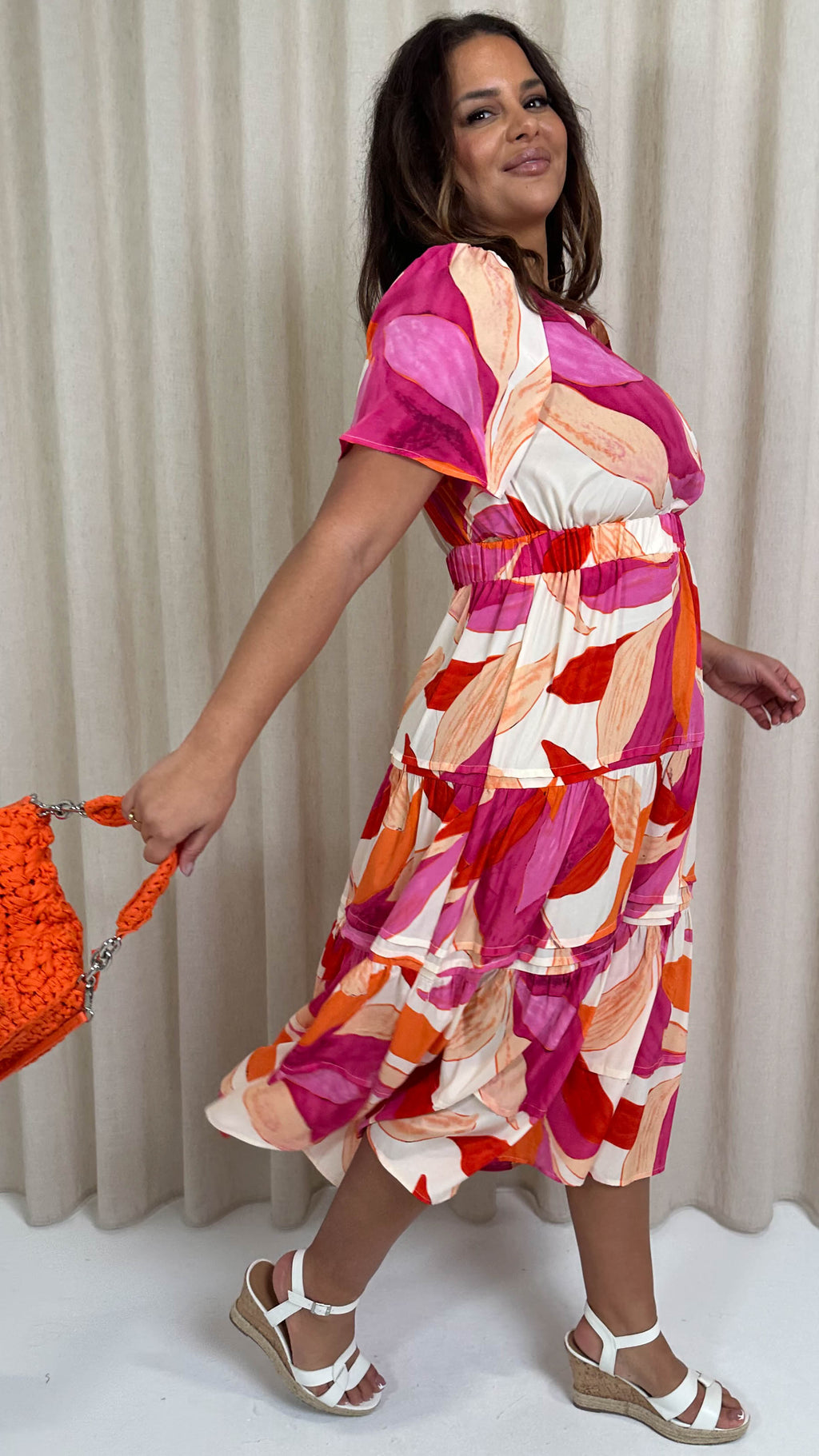 CurveWow Notch Neck Midi Dress Pink Multi Tropical