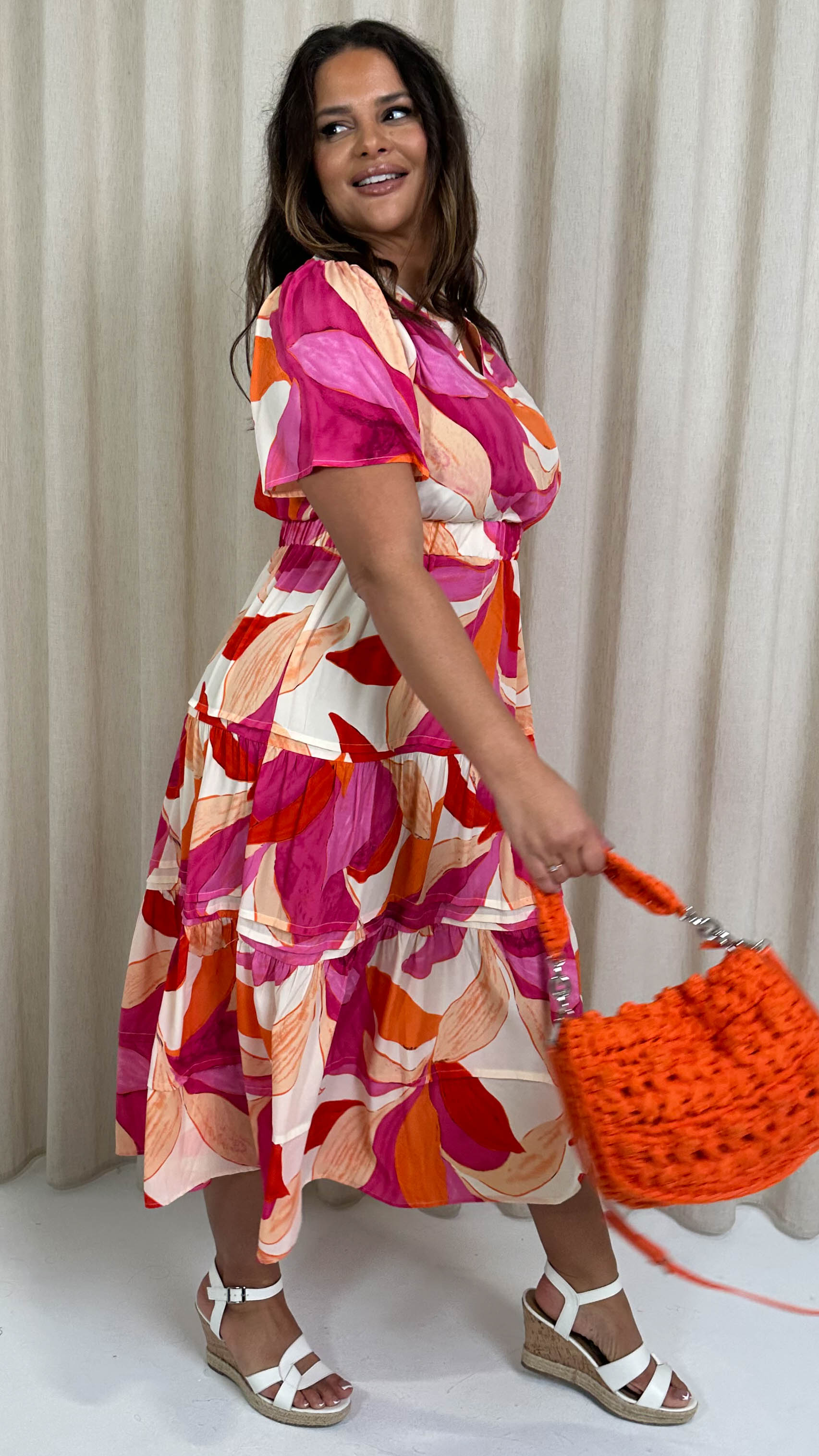 CurveWow Notch Neck Midi Dress Pink Multi Tropical