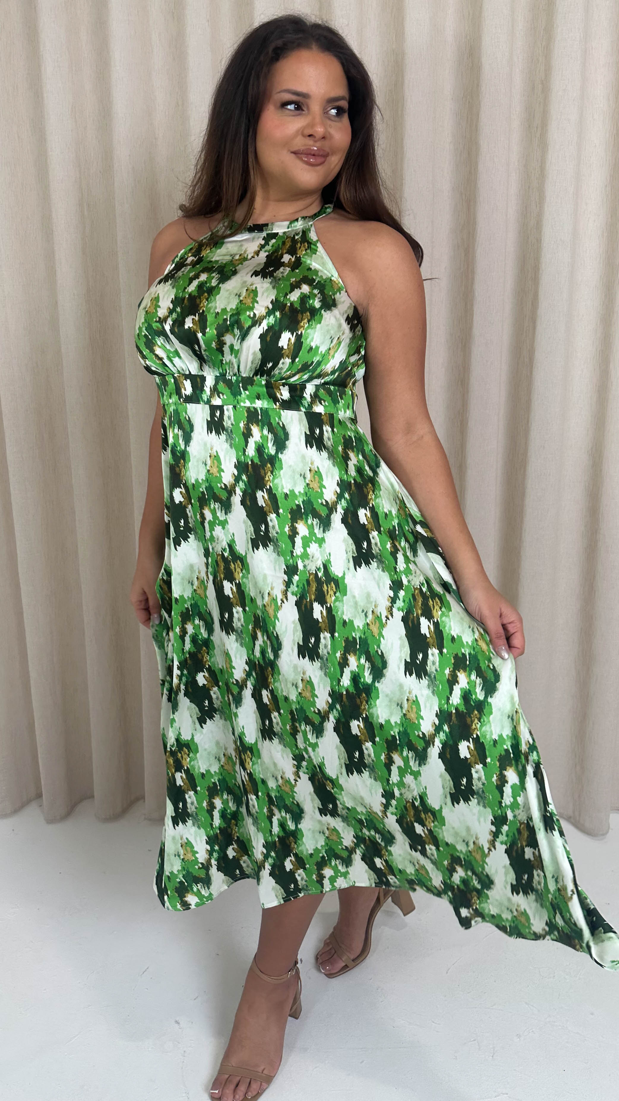 CurveWow Racer Cami Dress Green Abstract