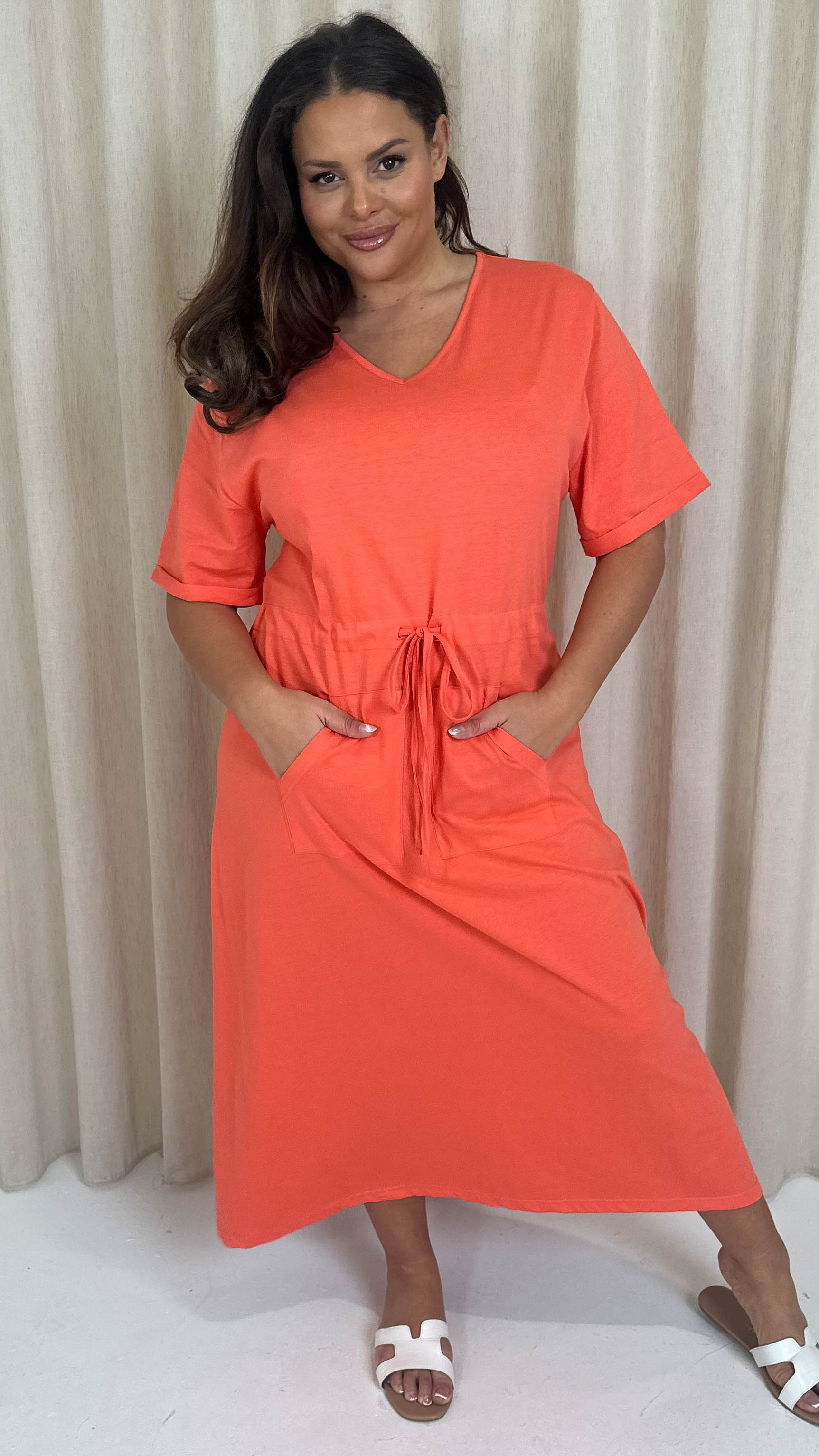CurveWow Maxi T-Shirt Dress With Drawstring Hot Coral