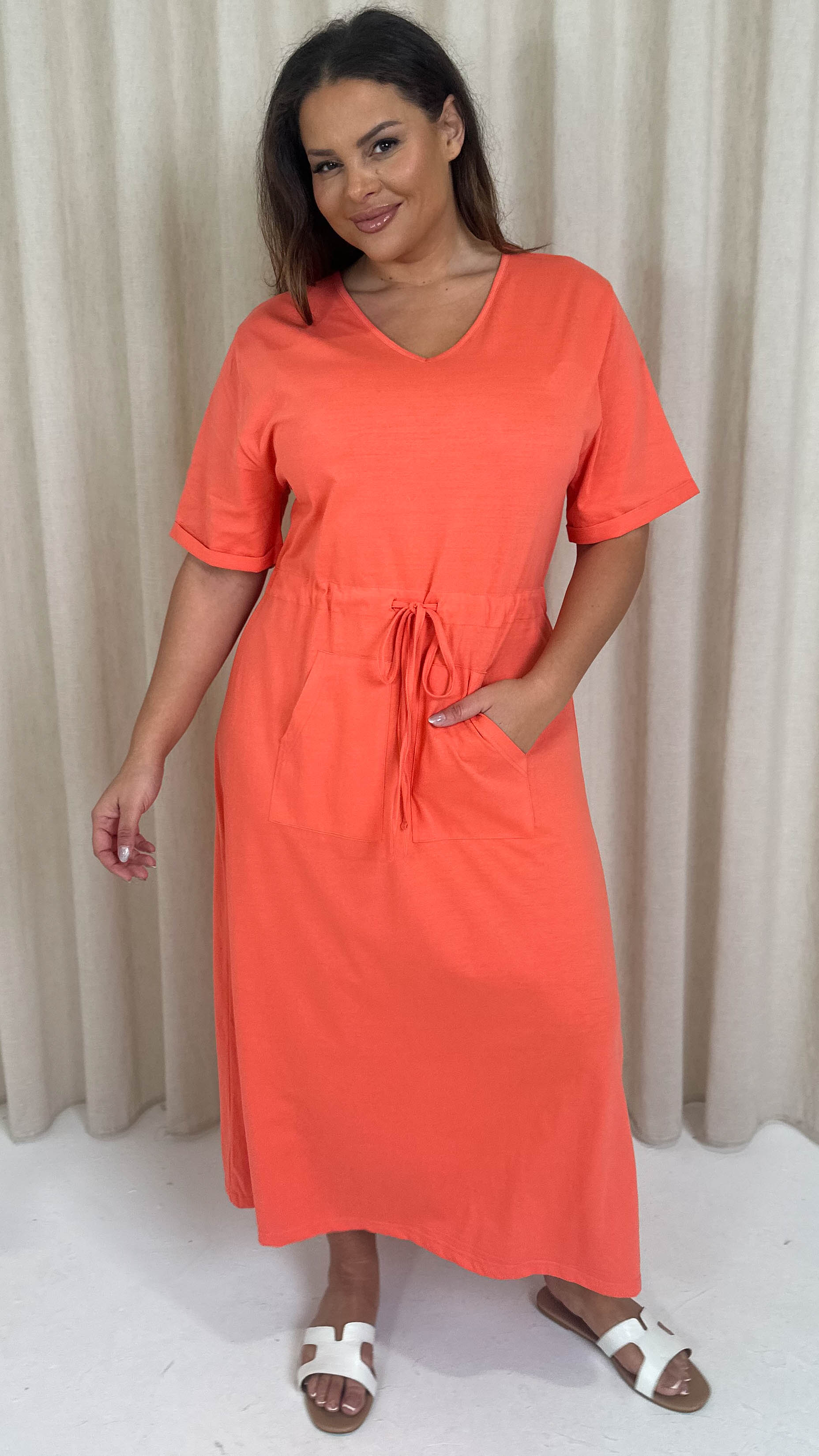 CurveWow Maxi T-Shirt Dress With Drawstring Hot Coral