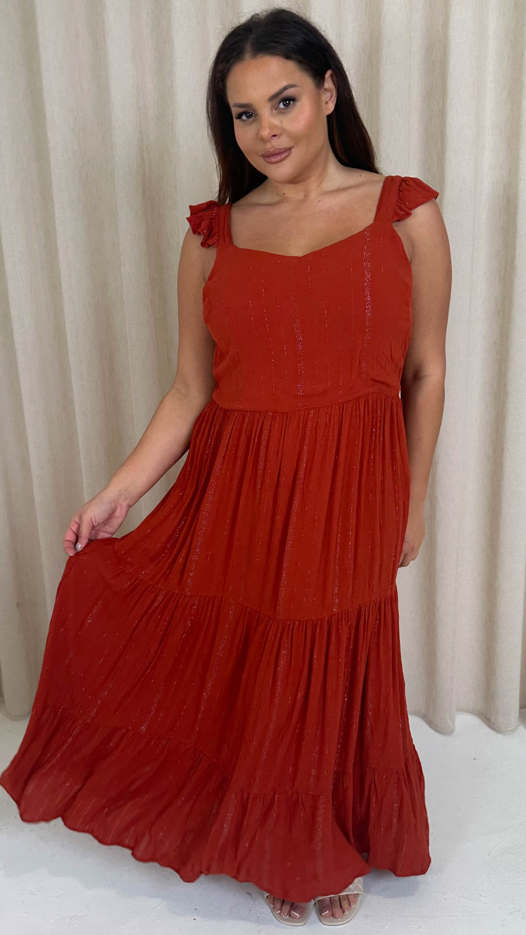 CurveWow Lurex Tiered Bow Back Maxi Dress Rust