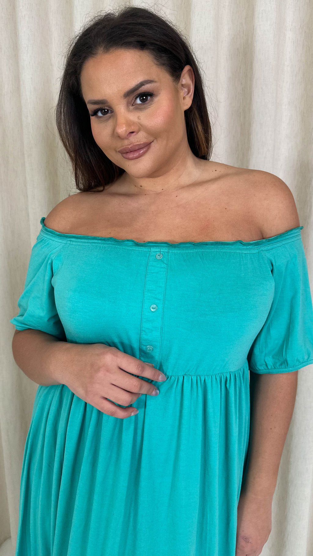CurveWow Bardot Button Front Dress Atlantis Green