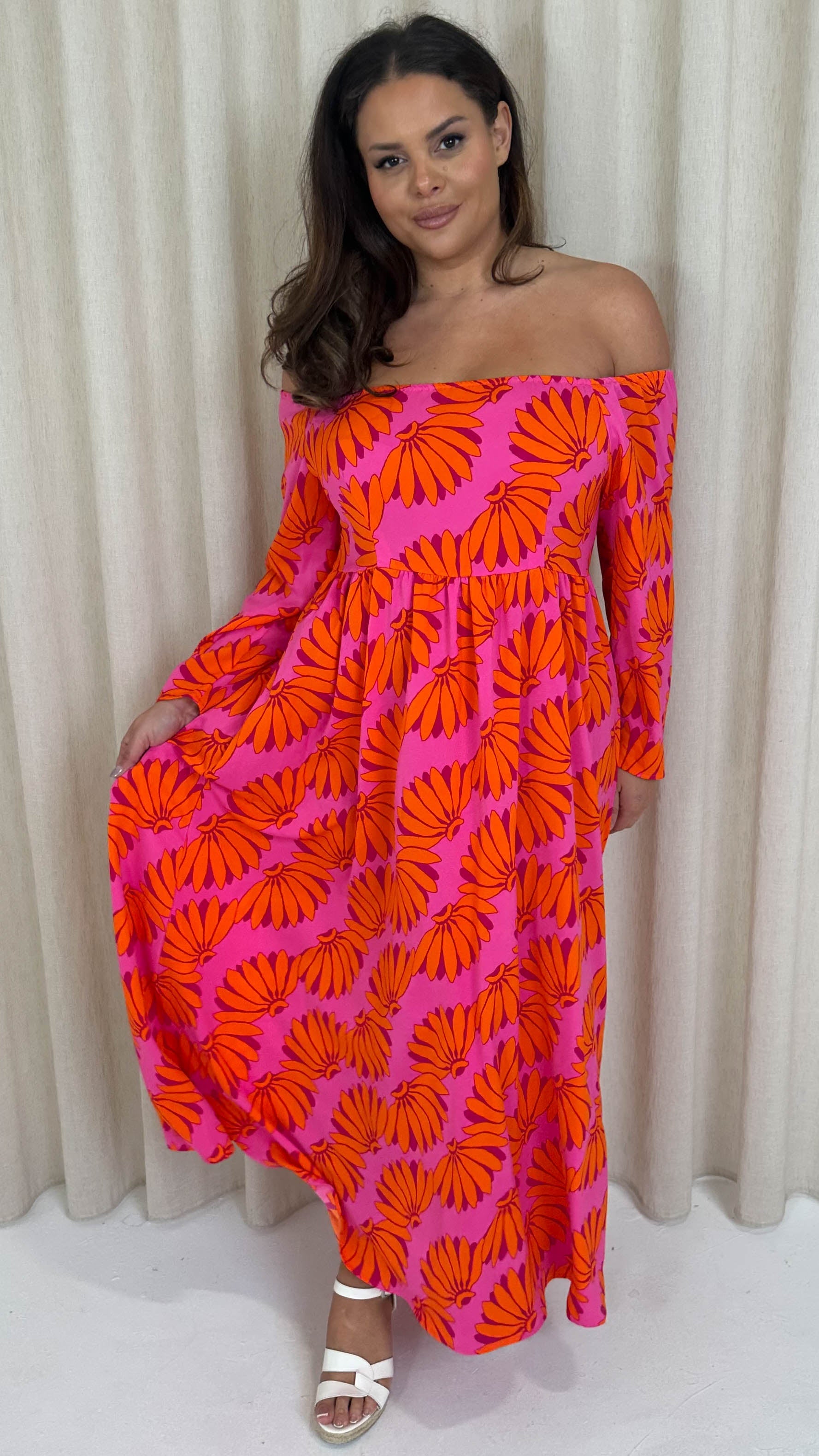 CurveWow Printed Bardot Maxi Dress Orange Banana