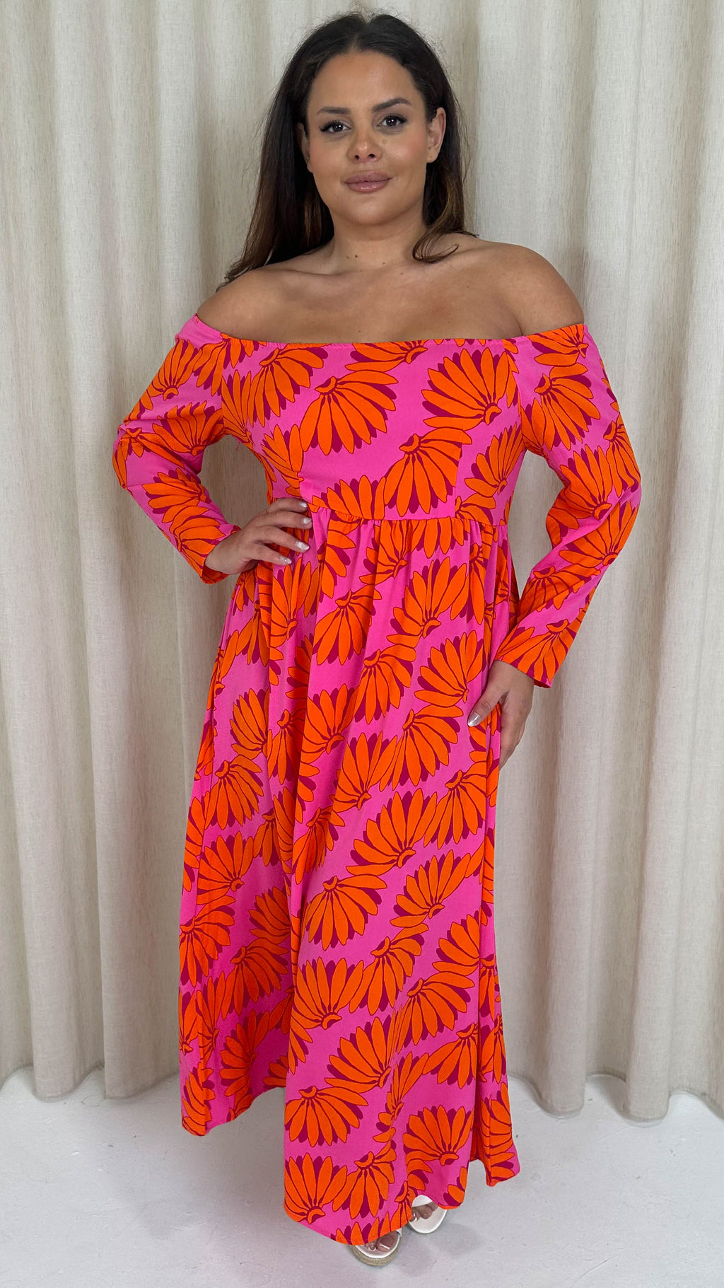 CurveWow Printed Bardot Maxi Dress Orange Banana
