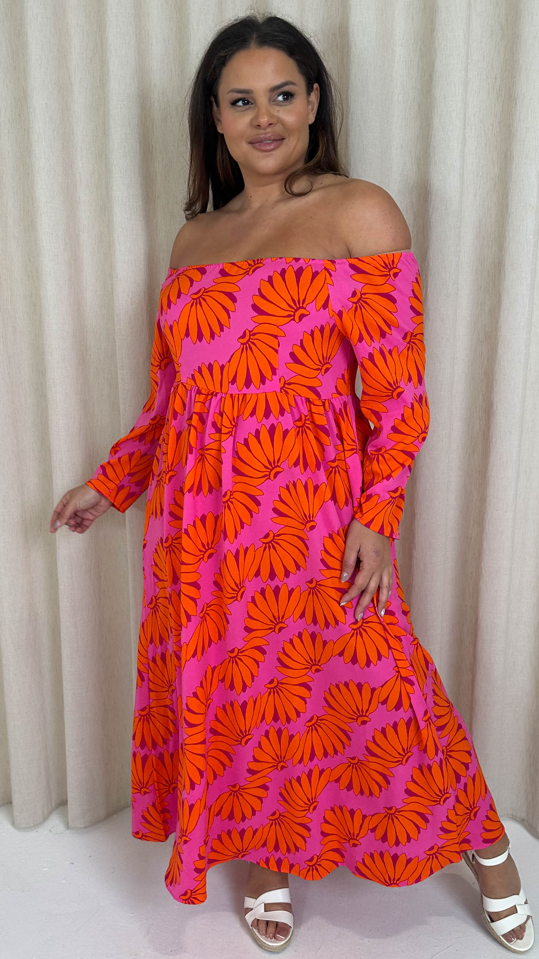 CurveWow Printed Bardot Maxi Dress Orange Banana