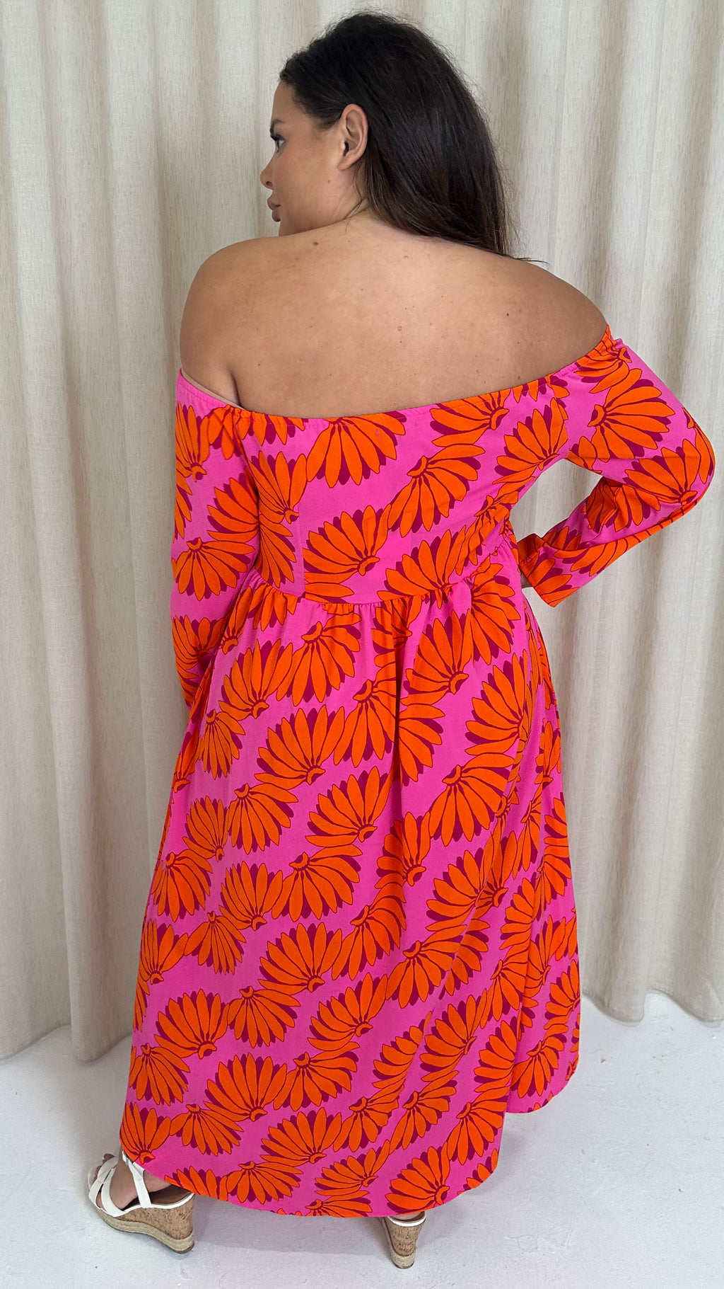 CurveWow Printed Bardot Maxi Dress Orange Banana