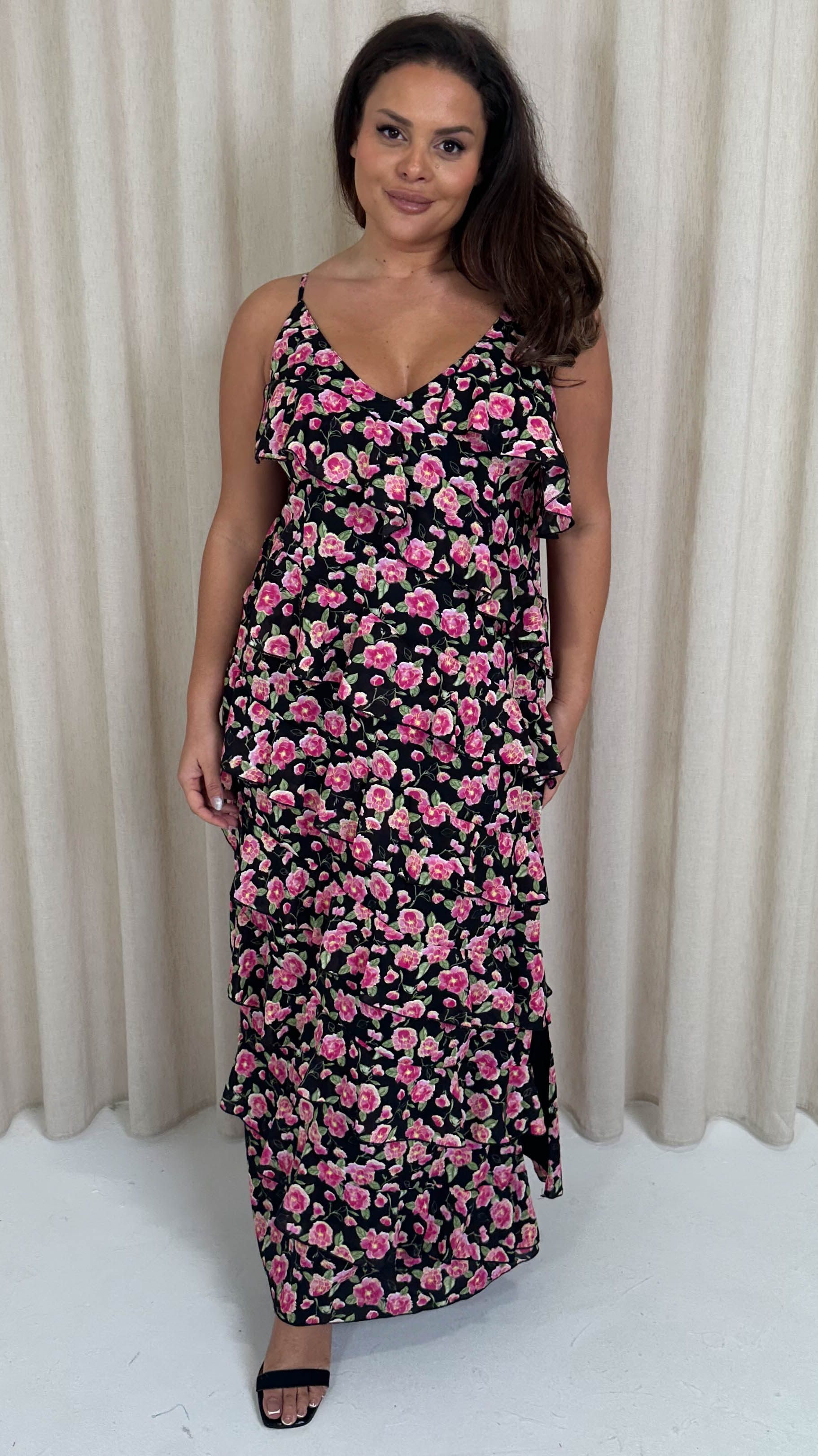 CurveWow Ruffle Tiered Maxi Dress Black Floral