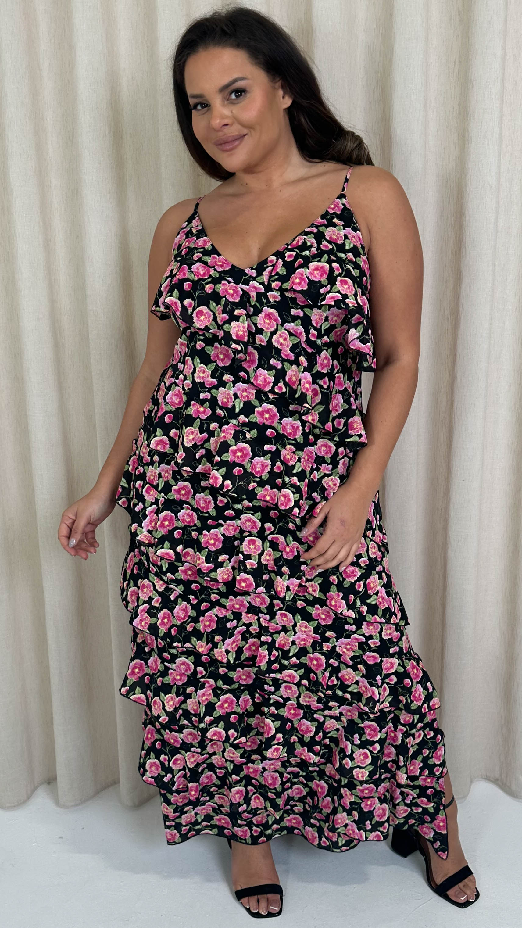CurveWow Ruffle Tiered Maxi Dress Black Floral