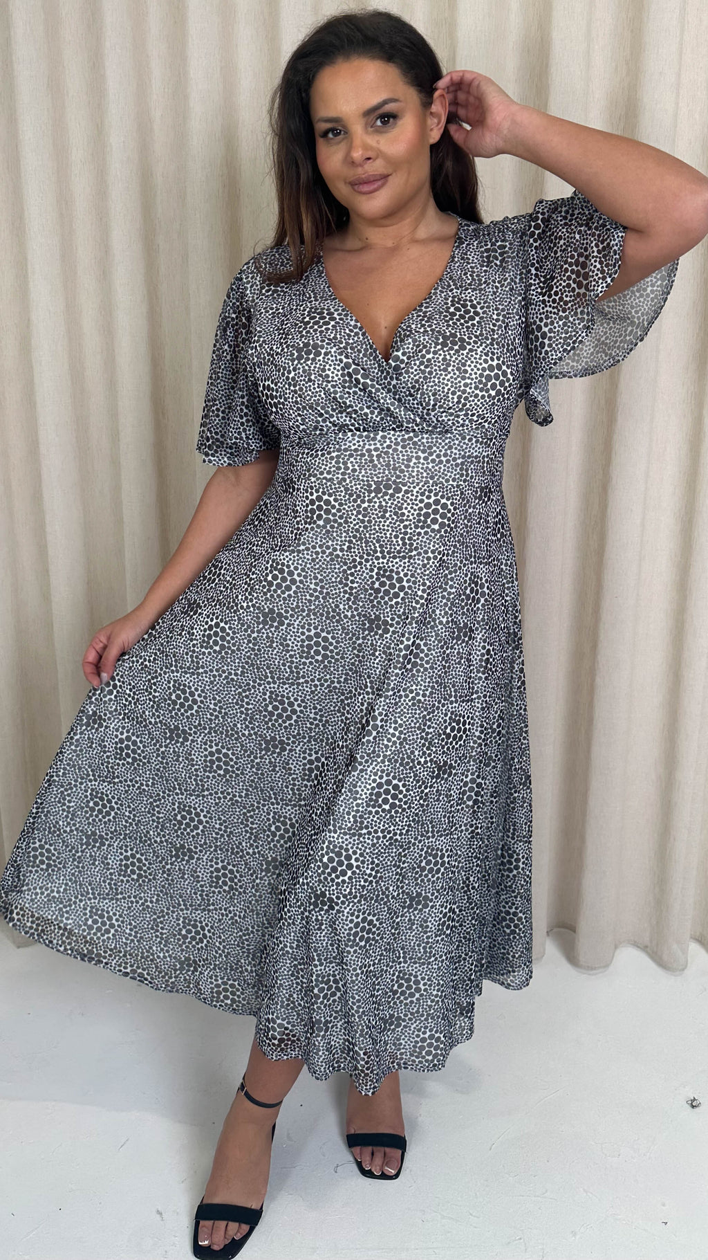 CurveWow Mesh Angel Sleeve Dress Irregular Spot