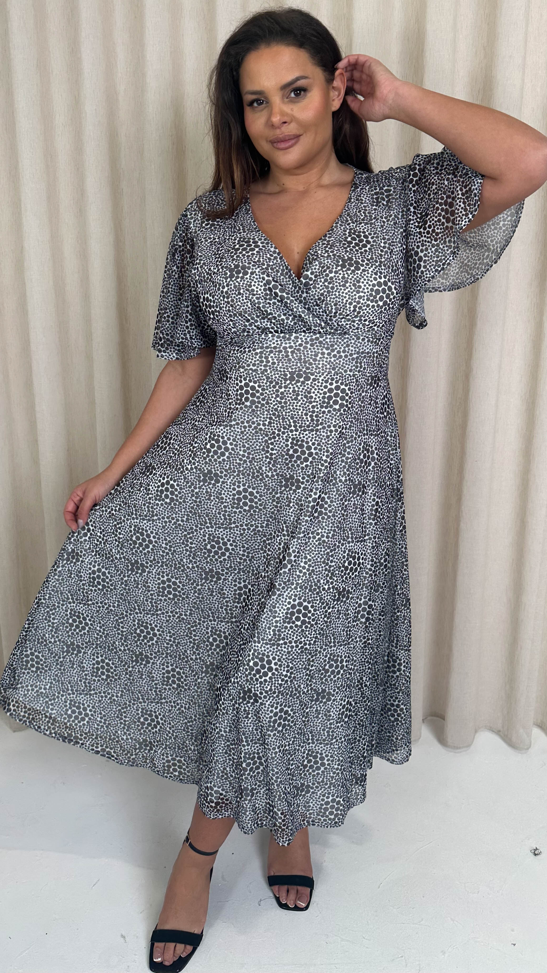 CurveWow Mesh Angel Sleeve Dress Irregular Spot
