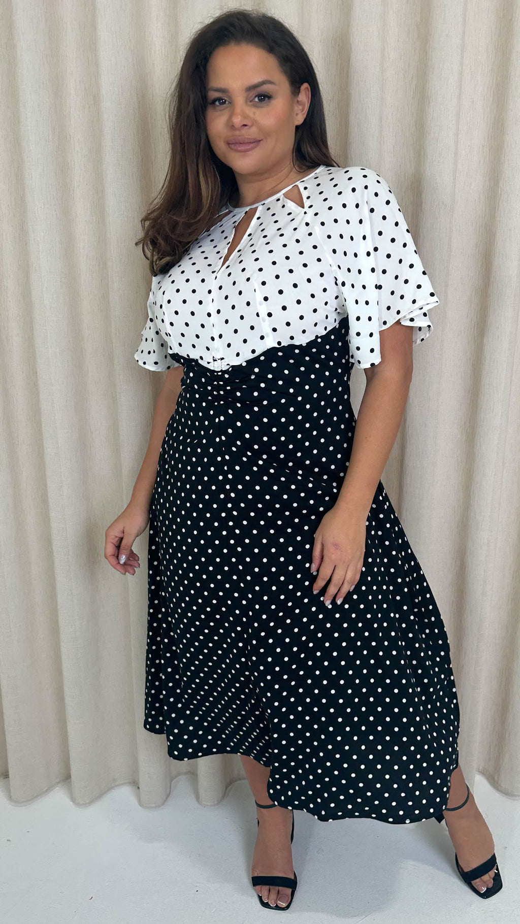 CurveWow Cut Out Midi Dress Black/White Polka Dots