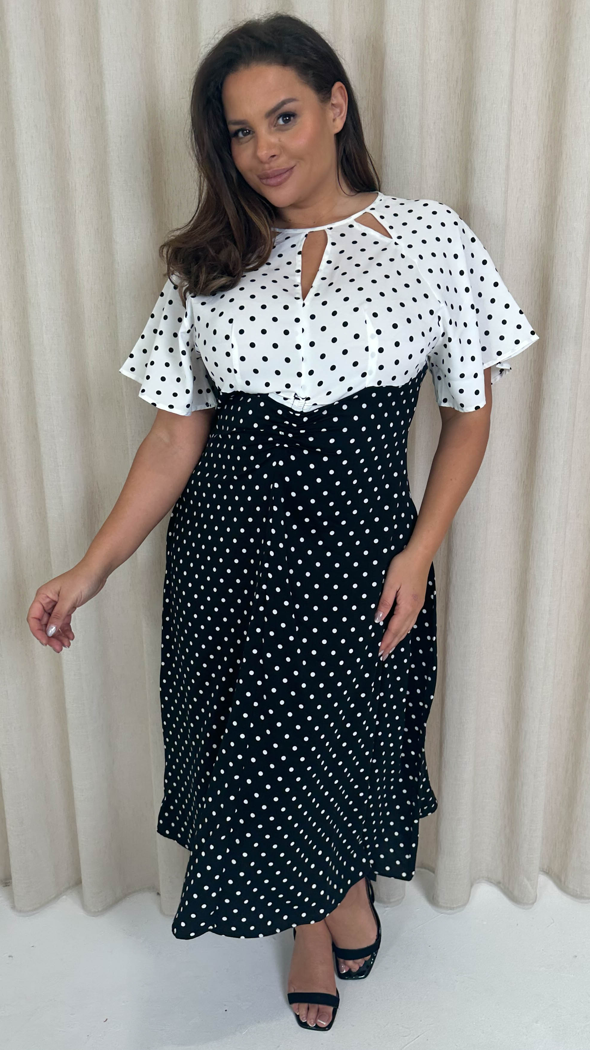 CurveWow Cut Out Midi Dress Black/White Polka Dots