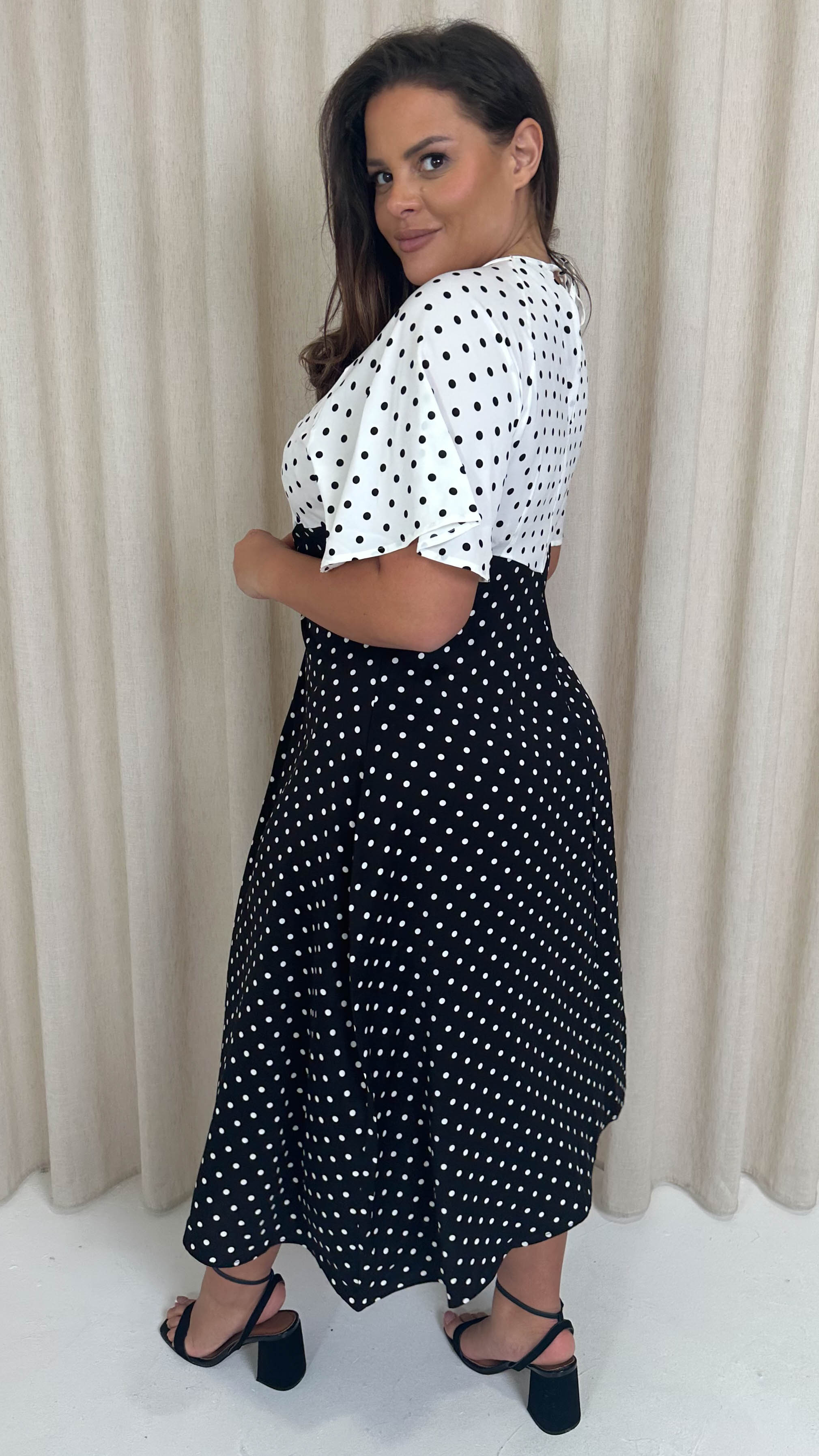CurveWow Cut Out Midi Dress Black/White Polka Dots