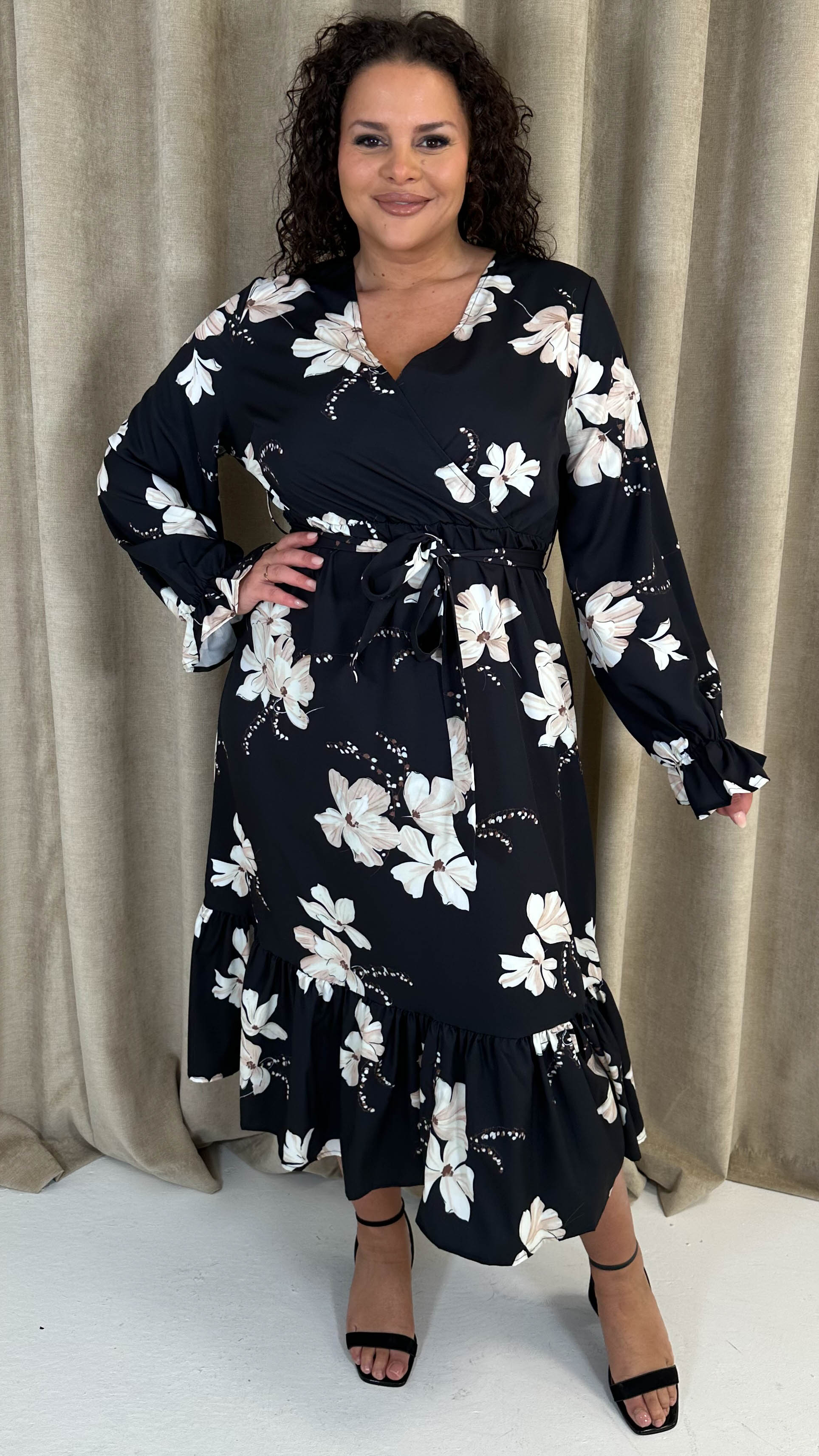 CurveWow Long Sleeve Floral Wrap Midaxi Dress Black/Ivory
