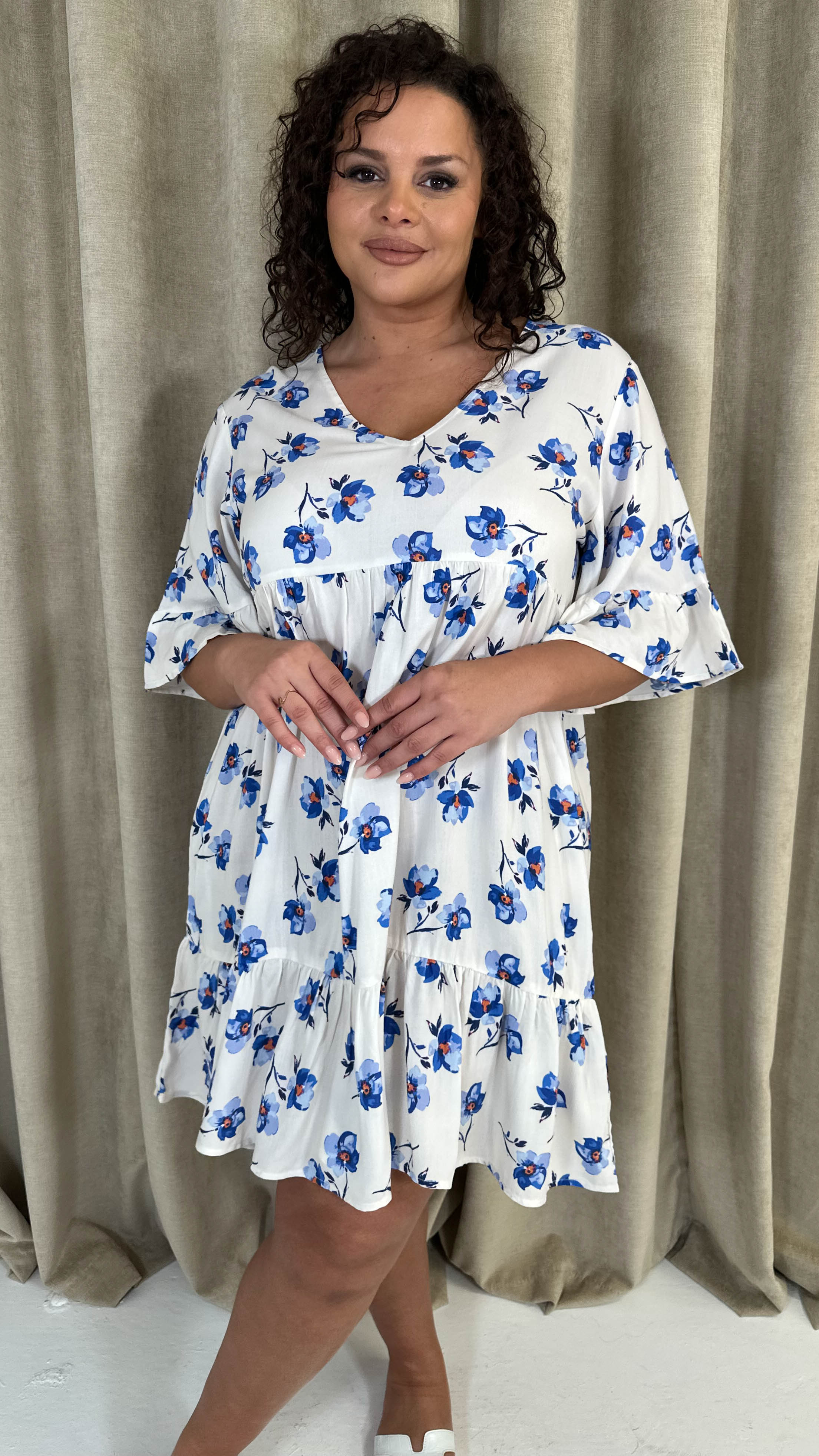 CurveWow Vneck Frill Sleeve Smock Dress Ivory Floral
