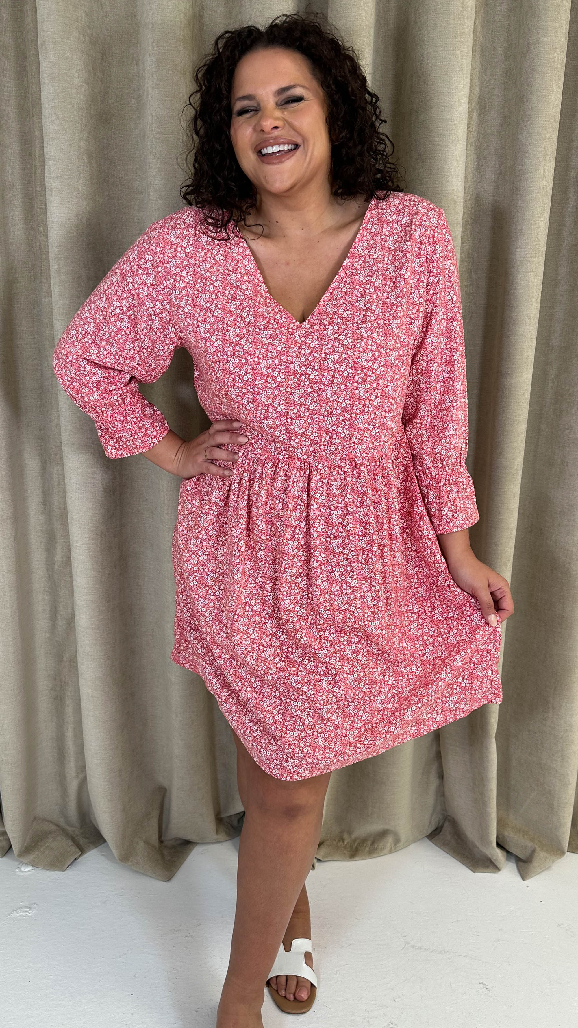 CurveWow Printed Smock Mini Dress Red Ditsy
