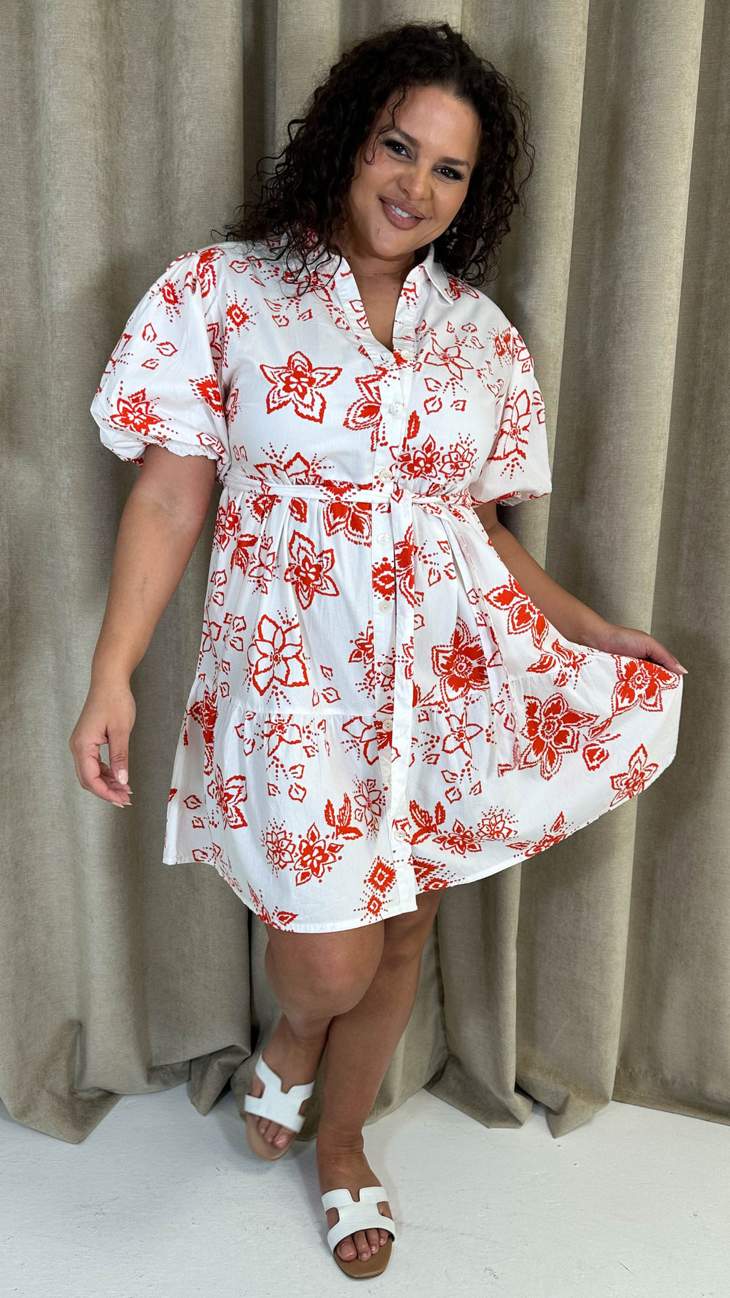 CurveWow Puff Sleeve Tiered Shirt Dress White Floral