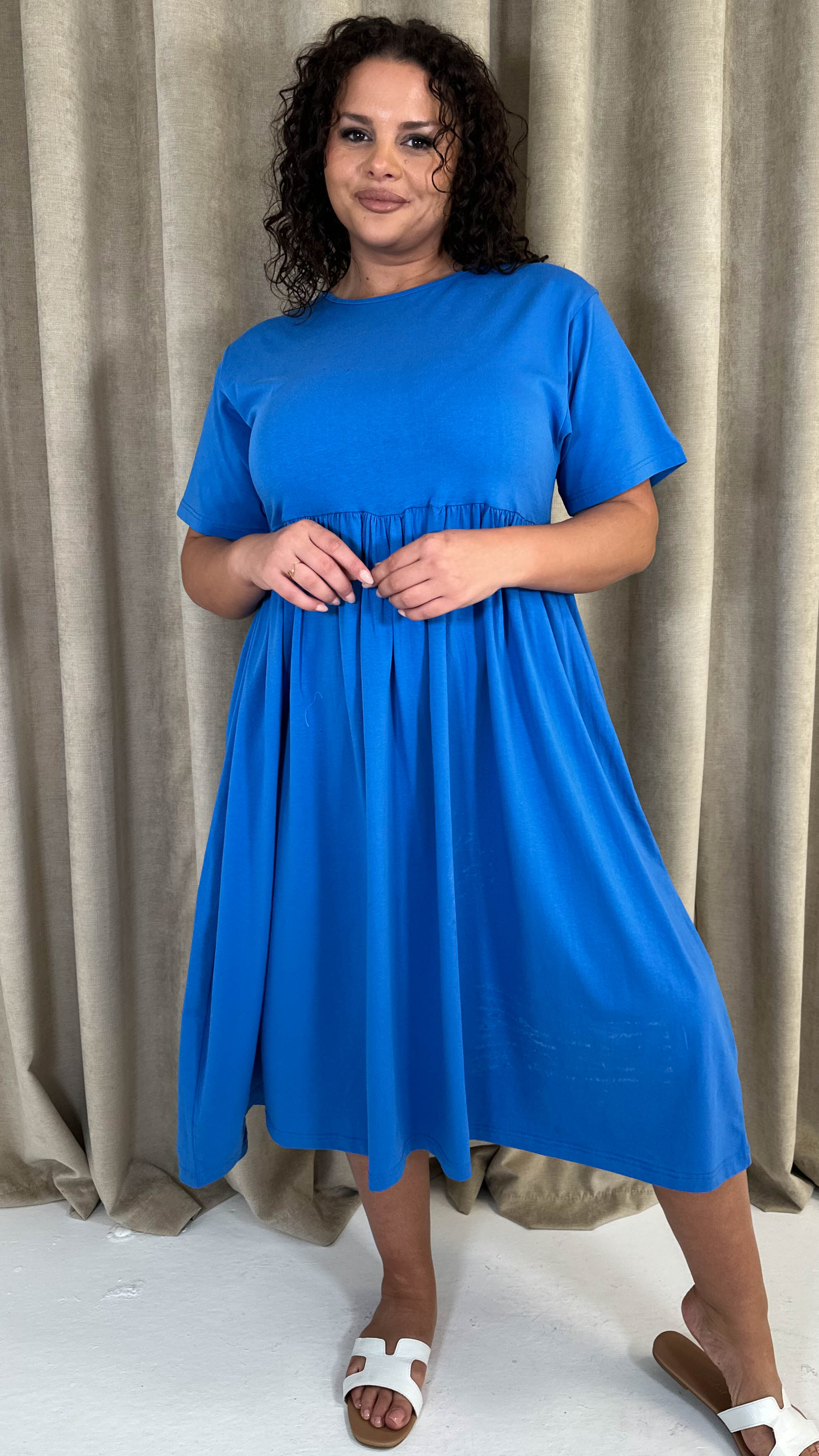 CurveWow Elasticated Waist Midi Dress Blue