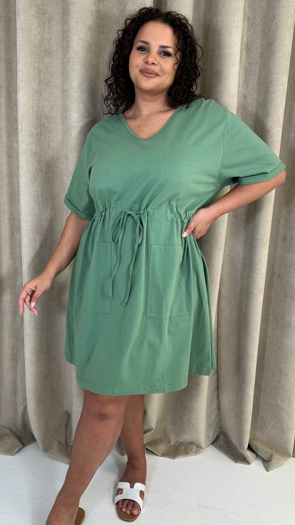 CurveWow Mini Drawcord T-Shirt Dress Green