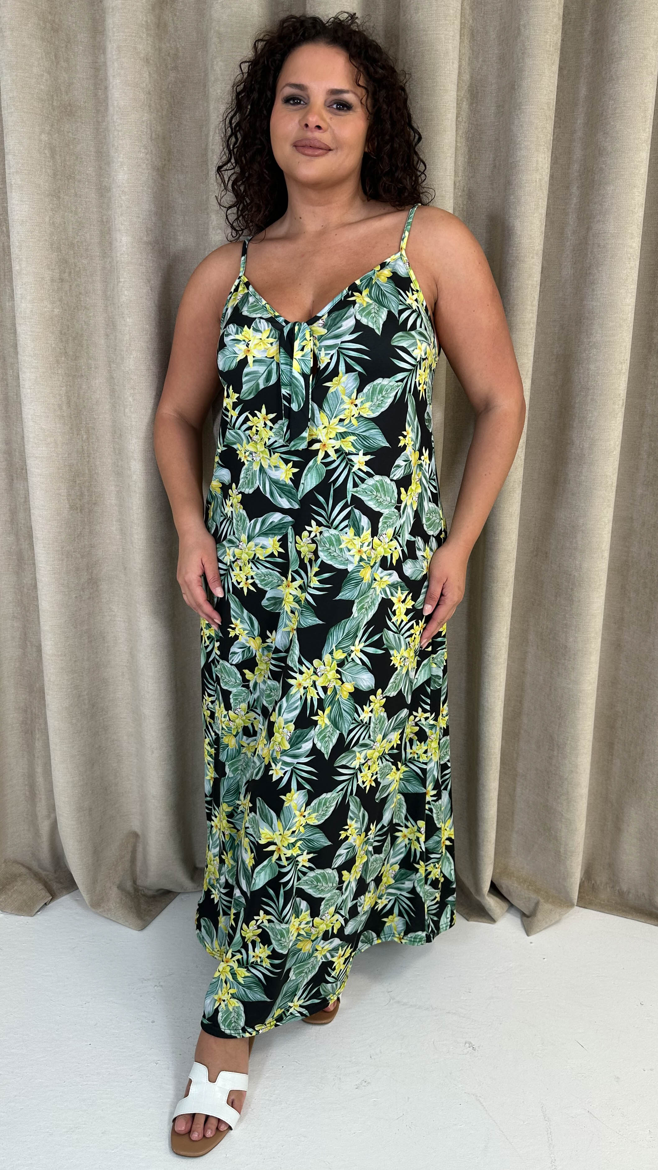 CurveWow Printed Tie Front Maxi Dress Green Floral
