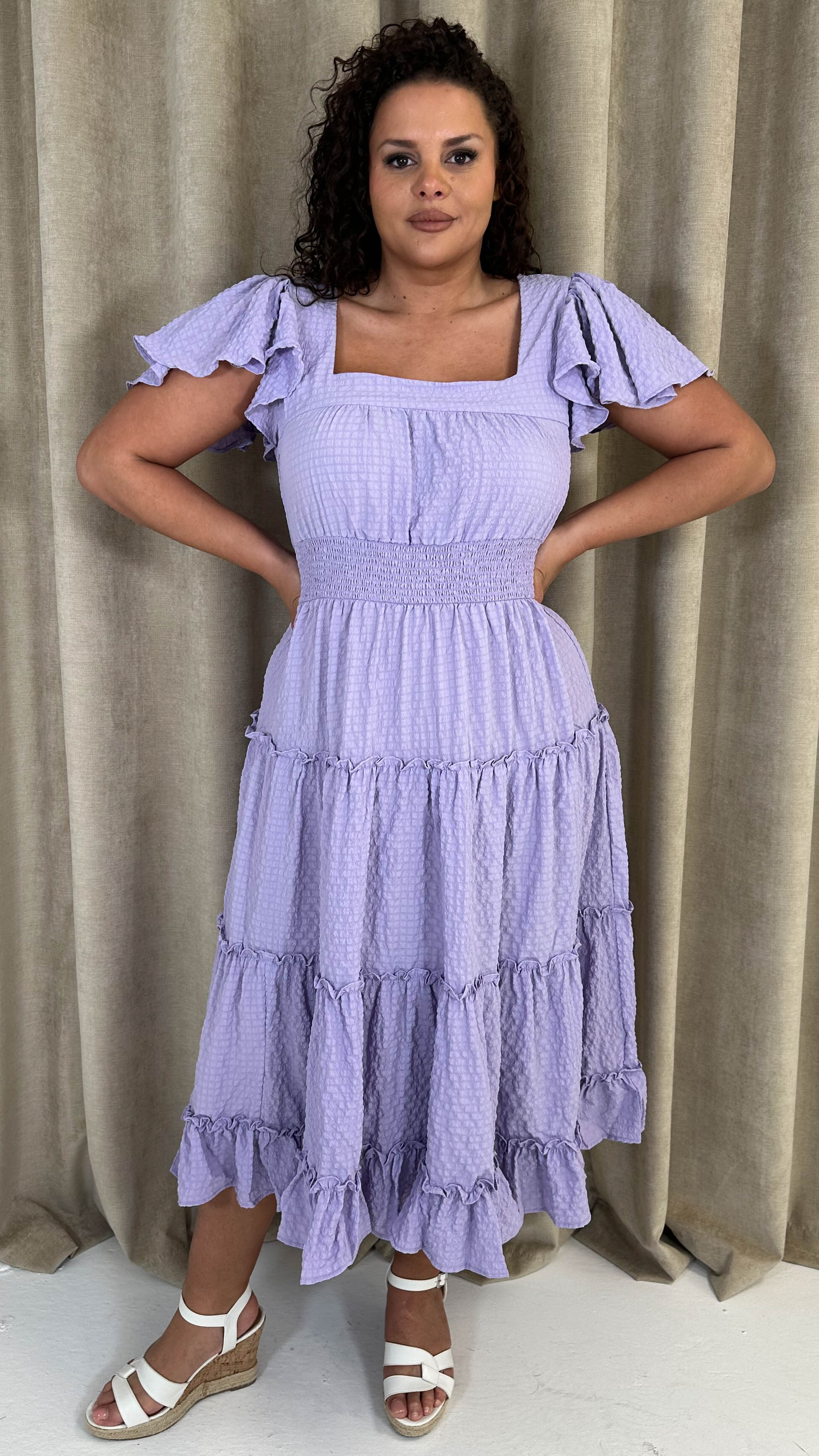 CurveWow Square Neck Seersucker Dress Lilac