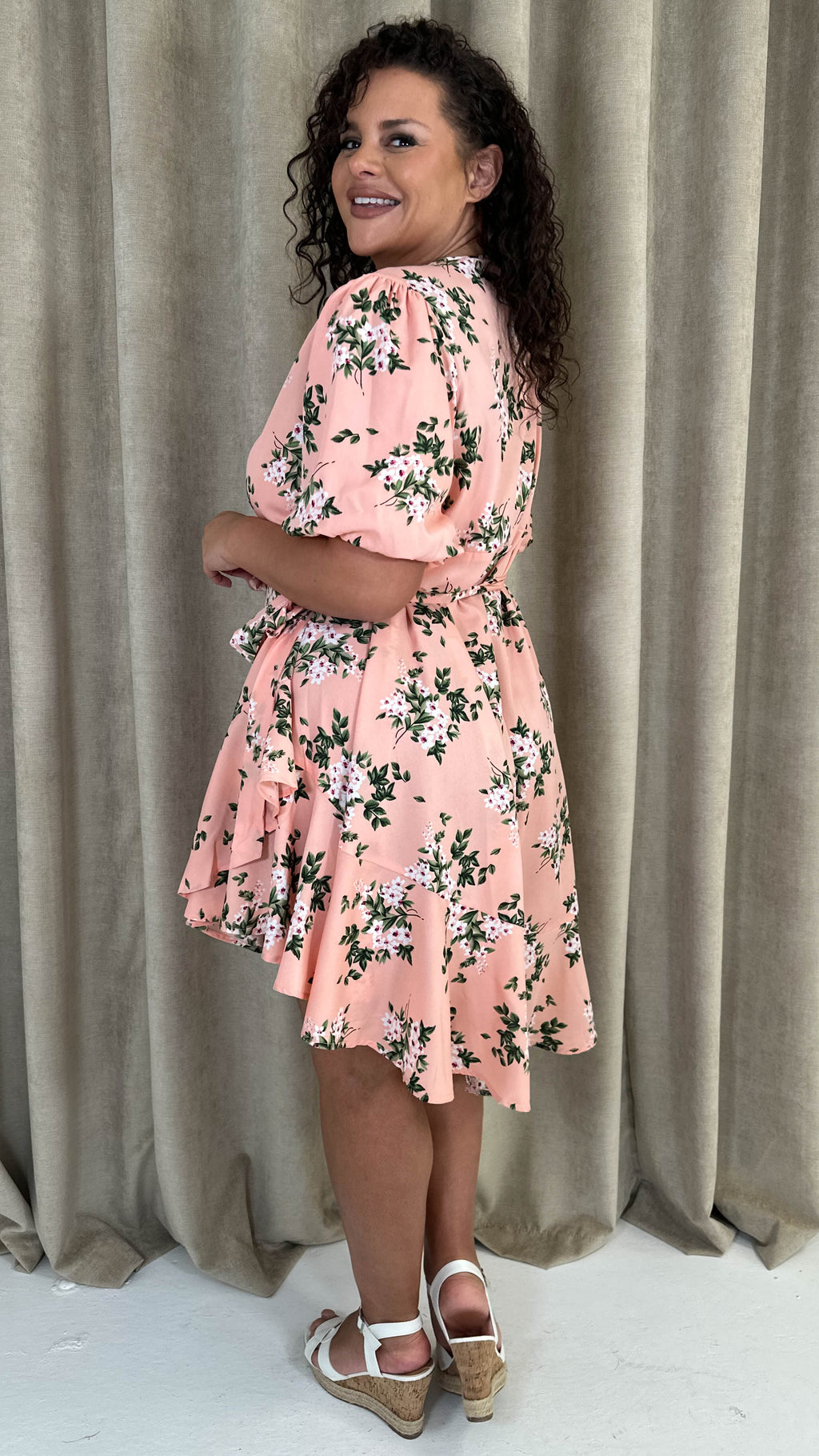 CurveWow Asymmetric Puff Sleeve Wrap Dress Peach Floral