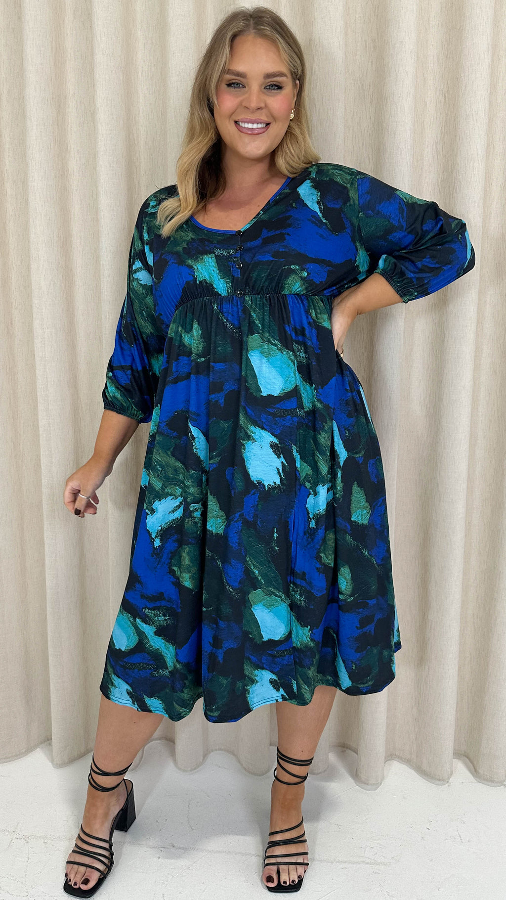 CurveWow Button Front Midi Dress Blue Brush Stroke
