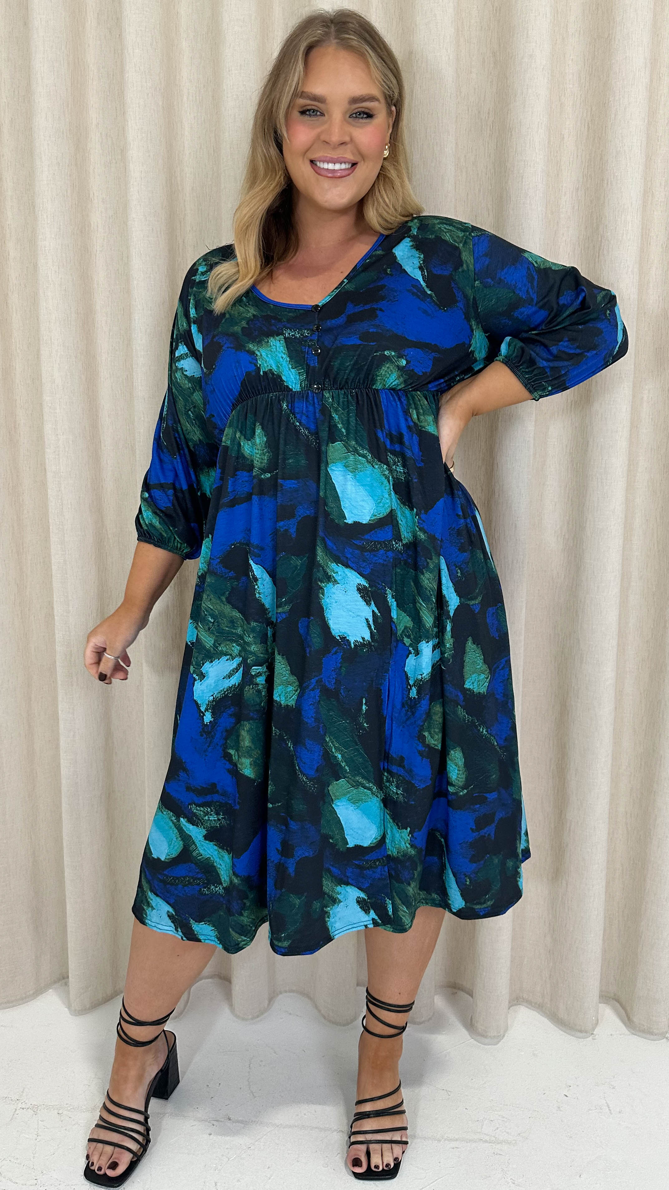 CurveWow Button Front Midi Dress Blue Brush Stroke