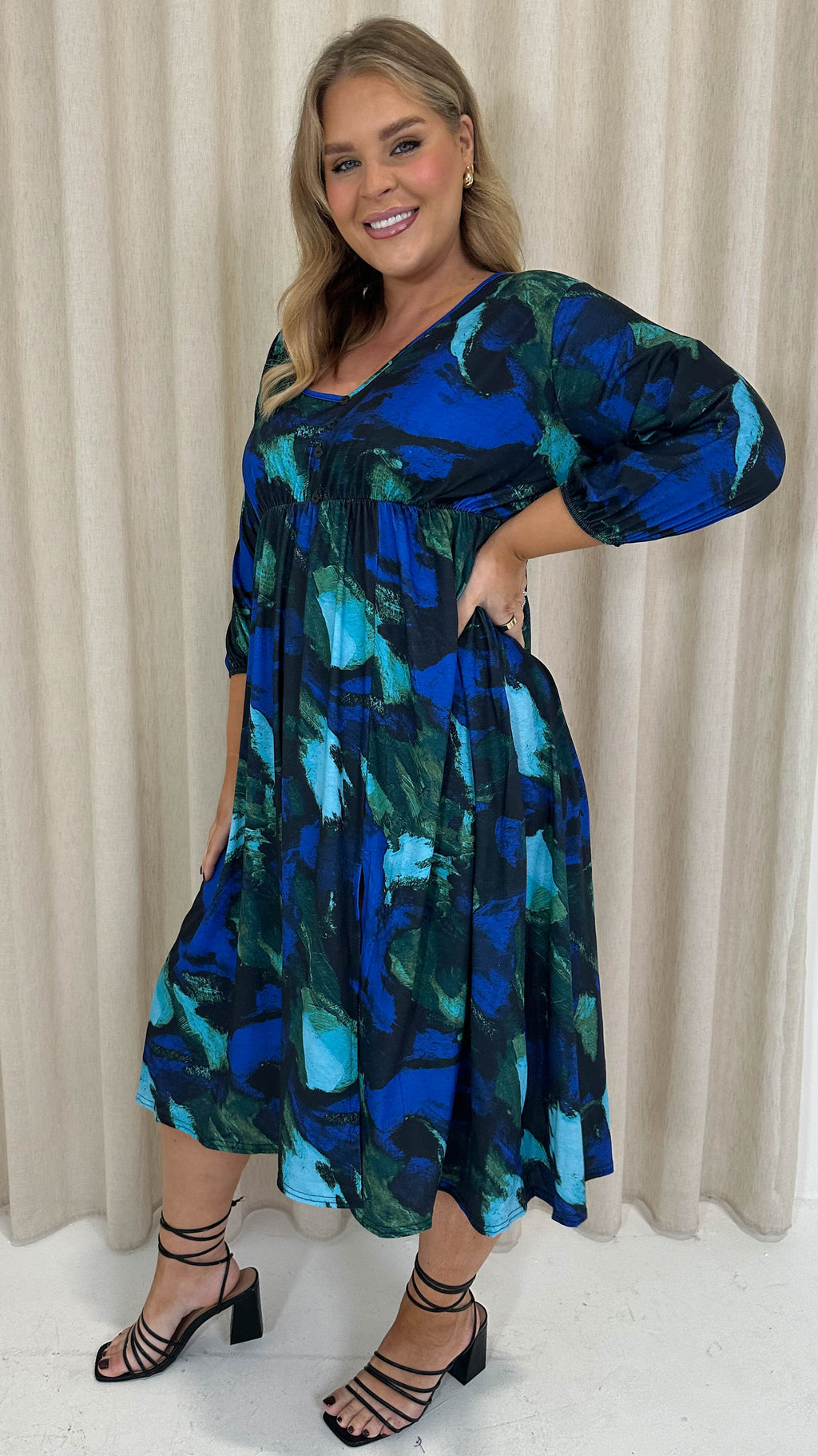 CurveWow Button Front Midi Dress Blue Brush Stroke