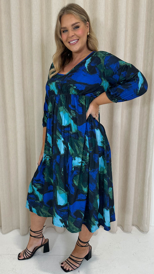 CurveWow Button Front Midi Dress Blue Brush Stroke