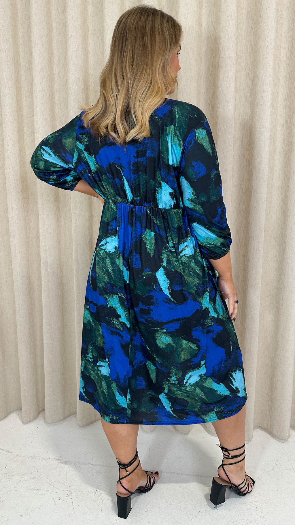 CurveWow Button Front Midi Dress Blue Brush Stroke