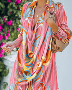 All Over Print Cowl Neck Long Sleeve Satin Shirt Dress