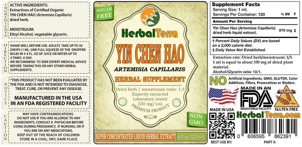 Yin Chen Hao (Artemisia Capillaris) Tincture, Organic Dried Herb Liquid Extract (Brand Name: HerbalTerra, Proudly Made in USA) 20x4 fl.oz (20x120 ml)