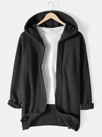 mens solid color knitted casual mid-length ripped loose sweater hooded cardigan