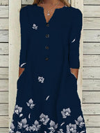V-Neck Button Floral Oil Painting Print Casual Ladies Dress
